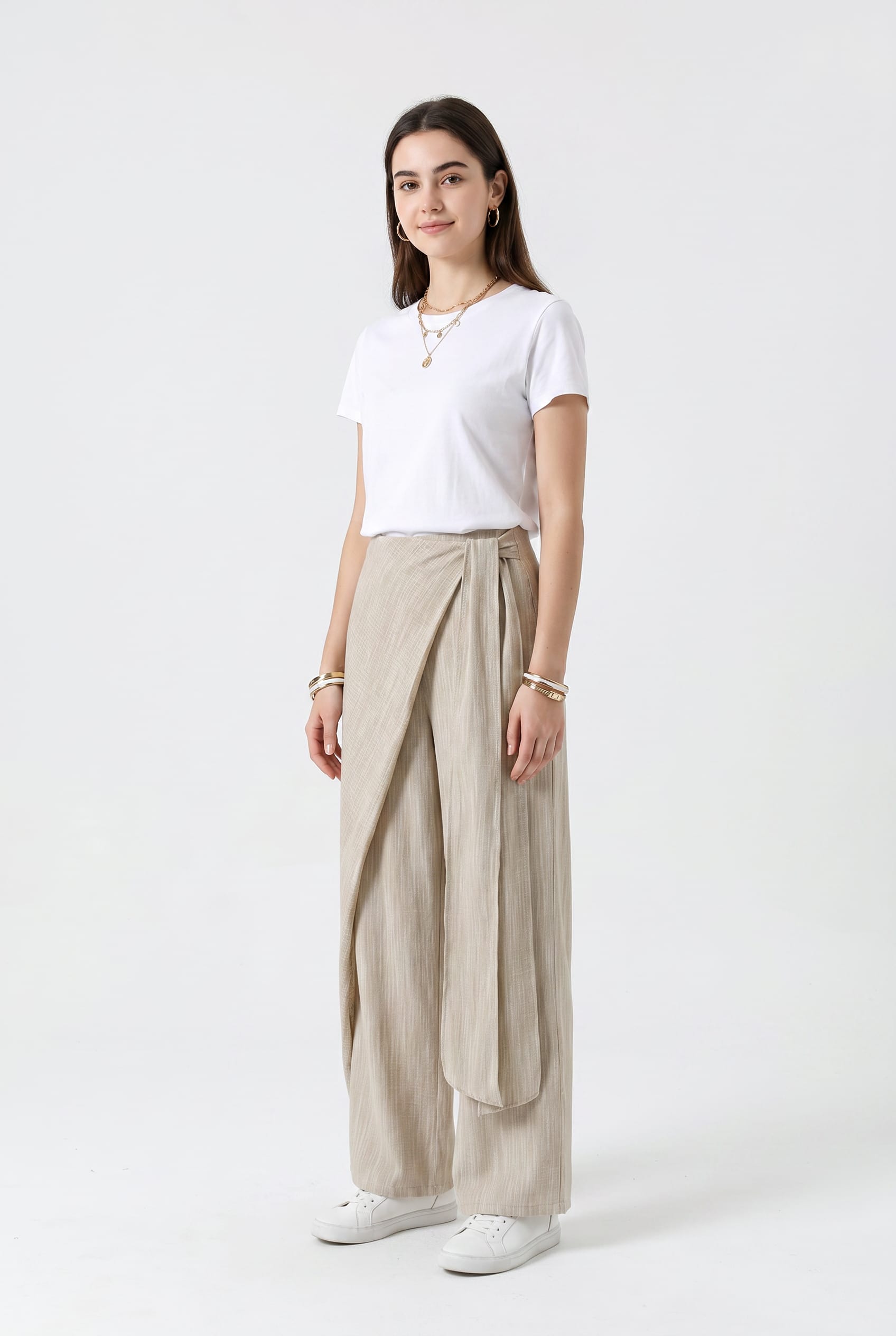 Beige Striped Linen-Blend Wide-Leg Tie Pants