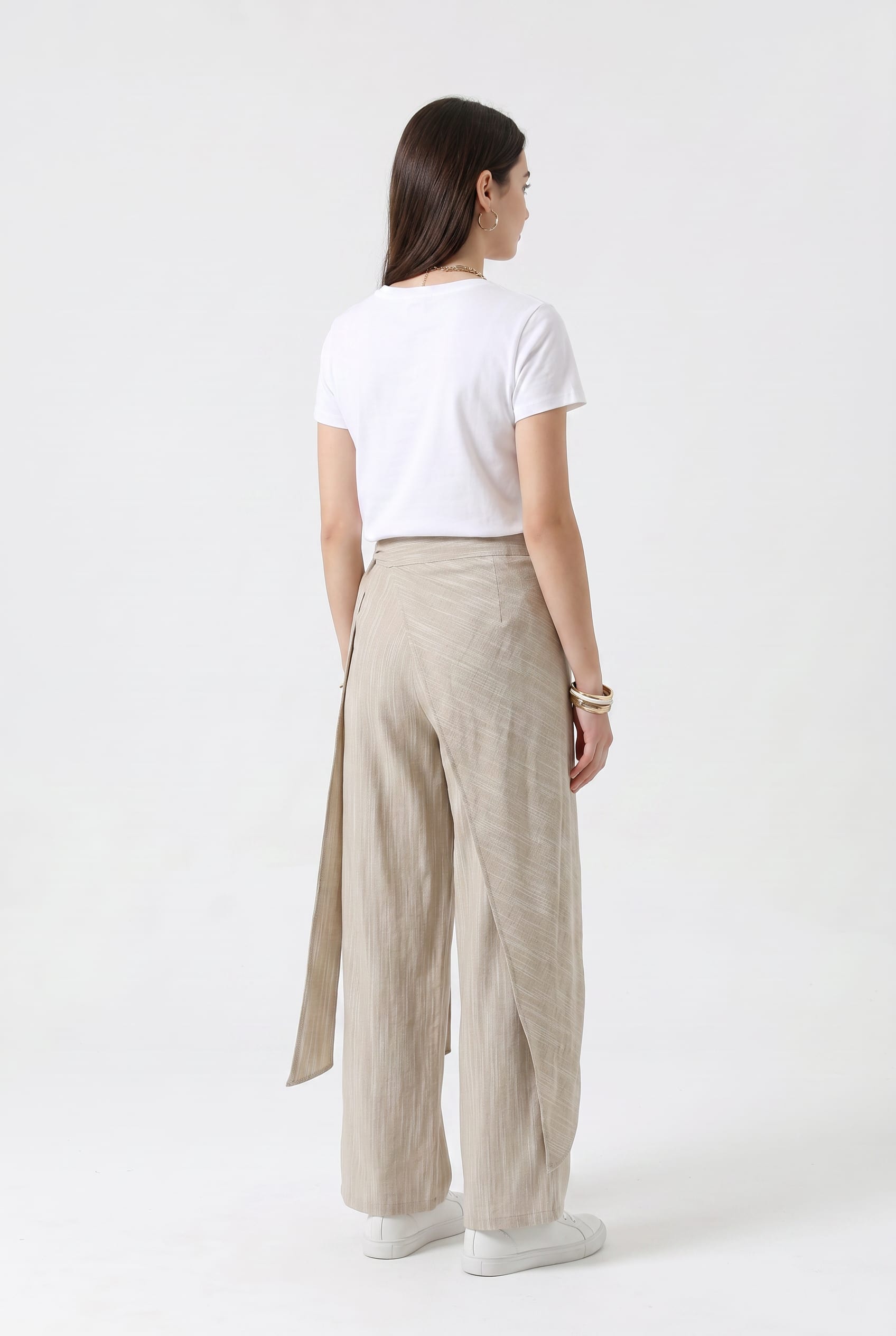 Beige Striped Linen-Blend Wide-Leg Tie Pants