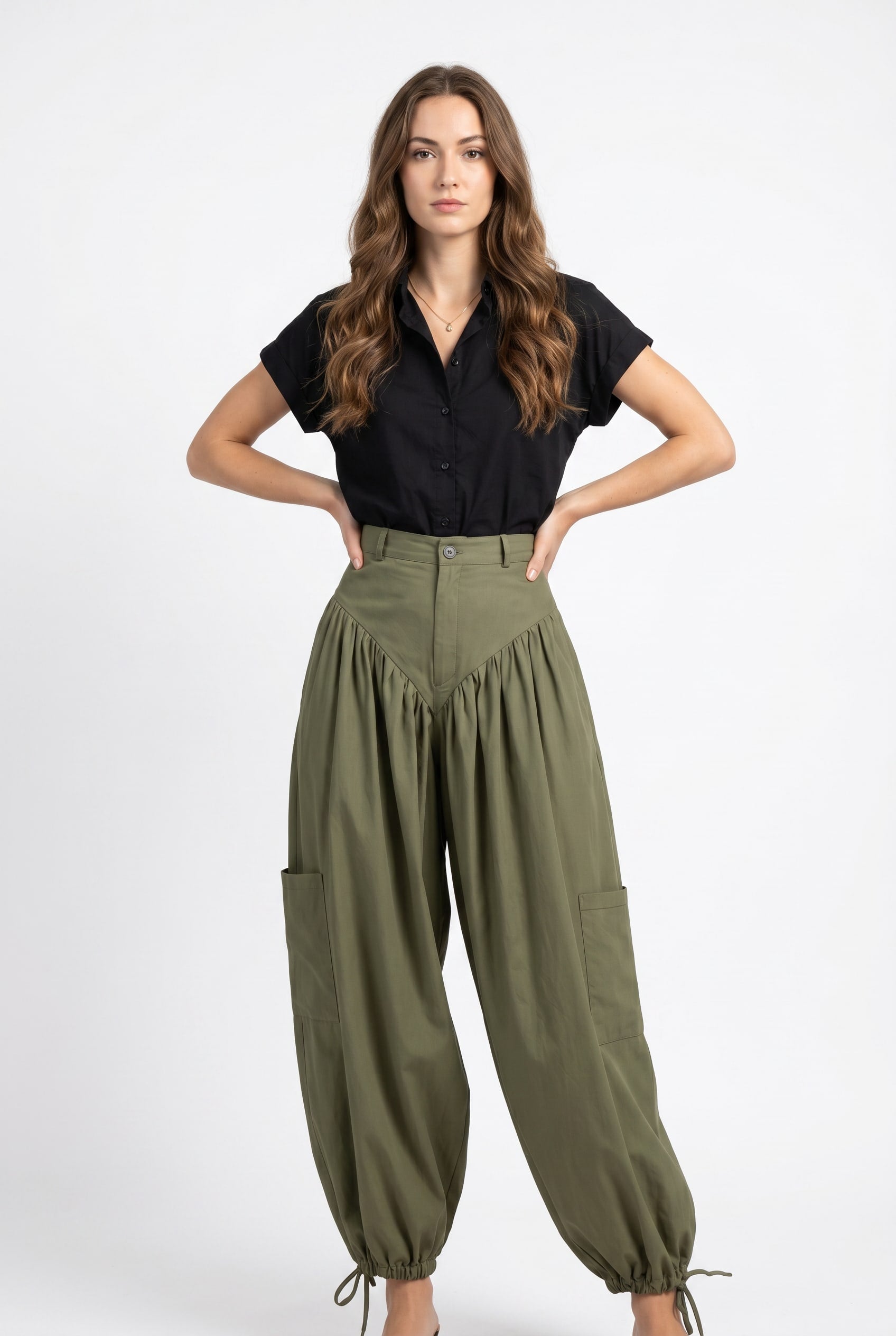 Olive Green Gathered Wide Leg Cargo Pants
