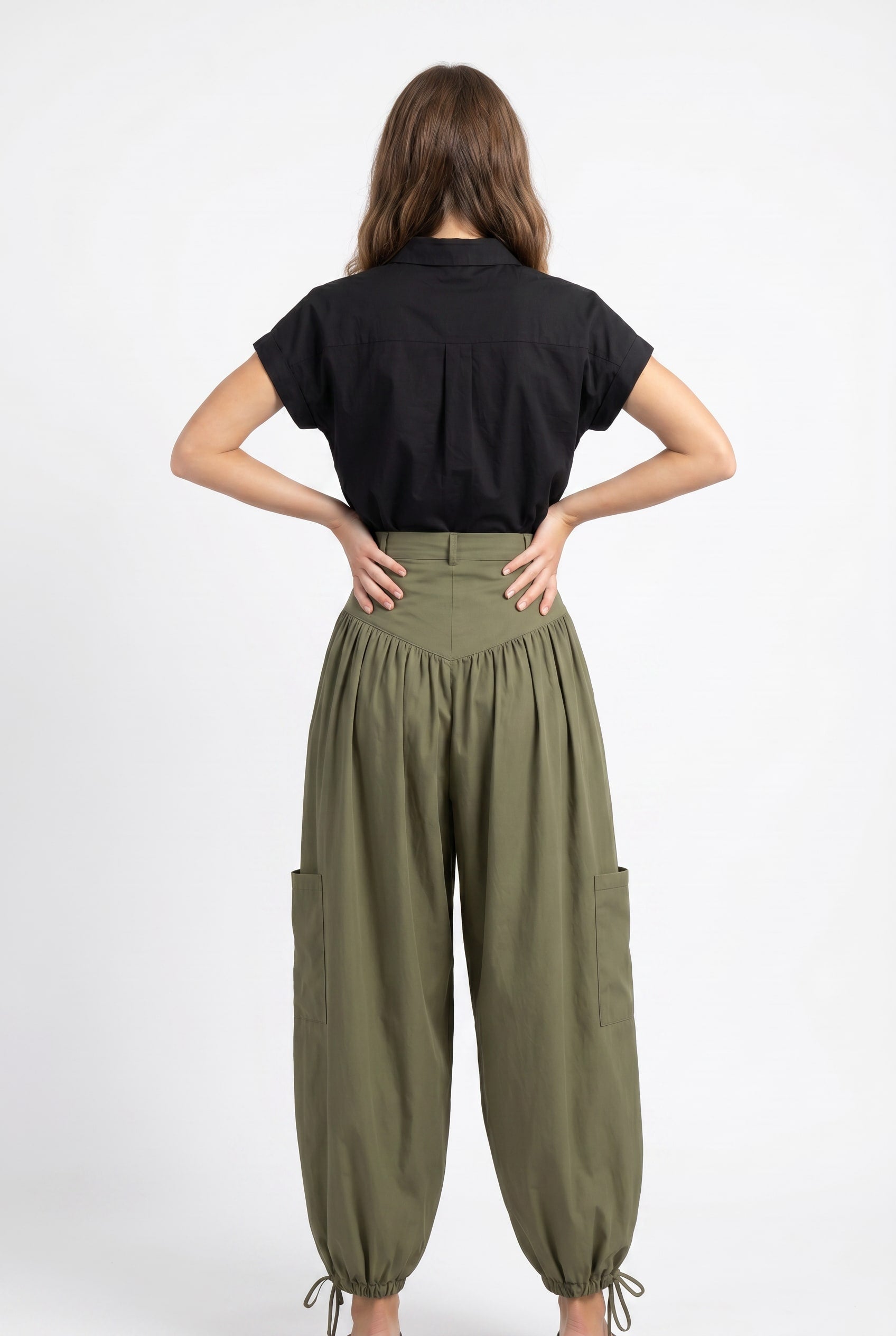 Olive Green Gathered Wide Leg Cargo Pants