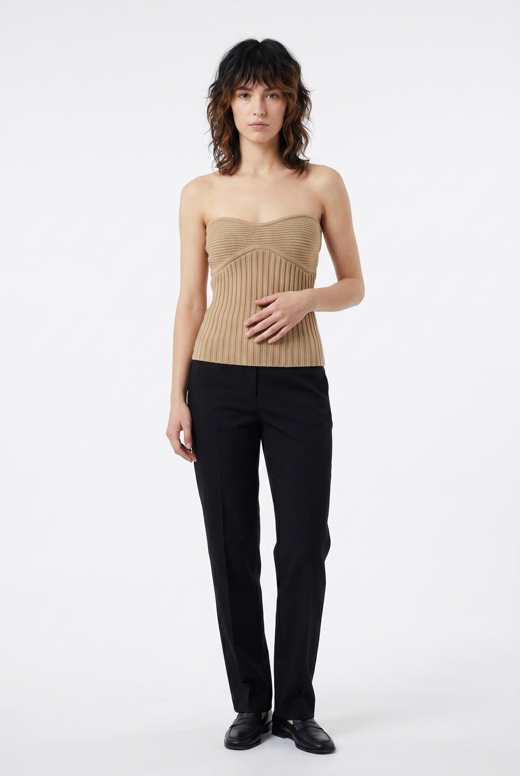 Camel Knit Strapless Ribbed Top