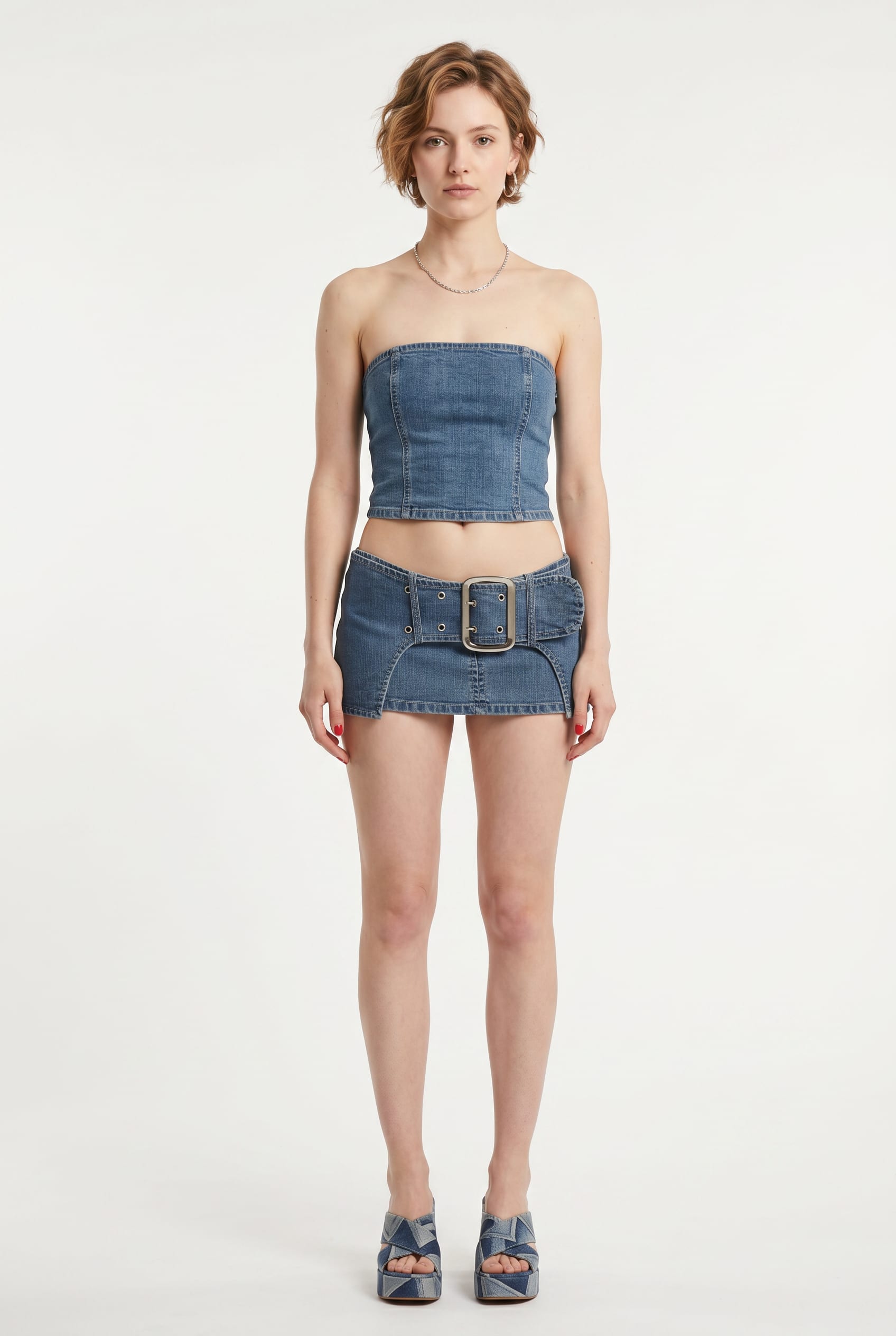 Blue Denim Strapless Crop Top