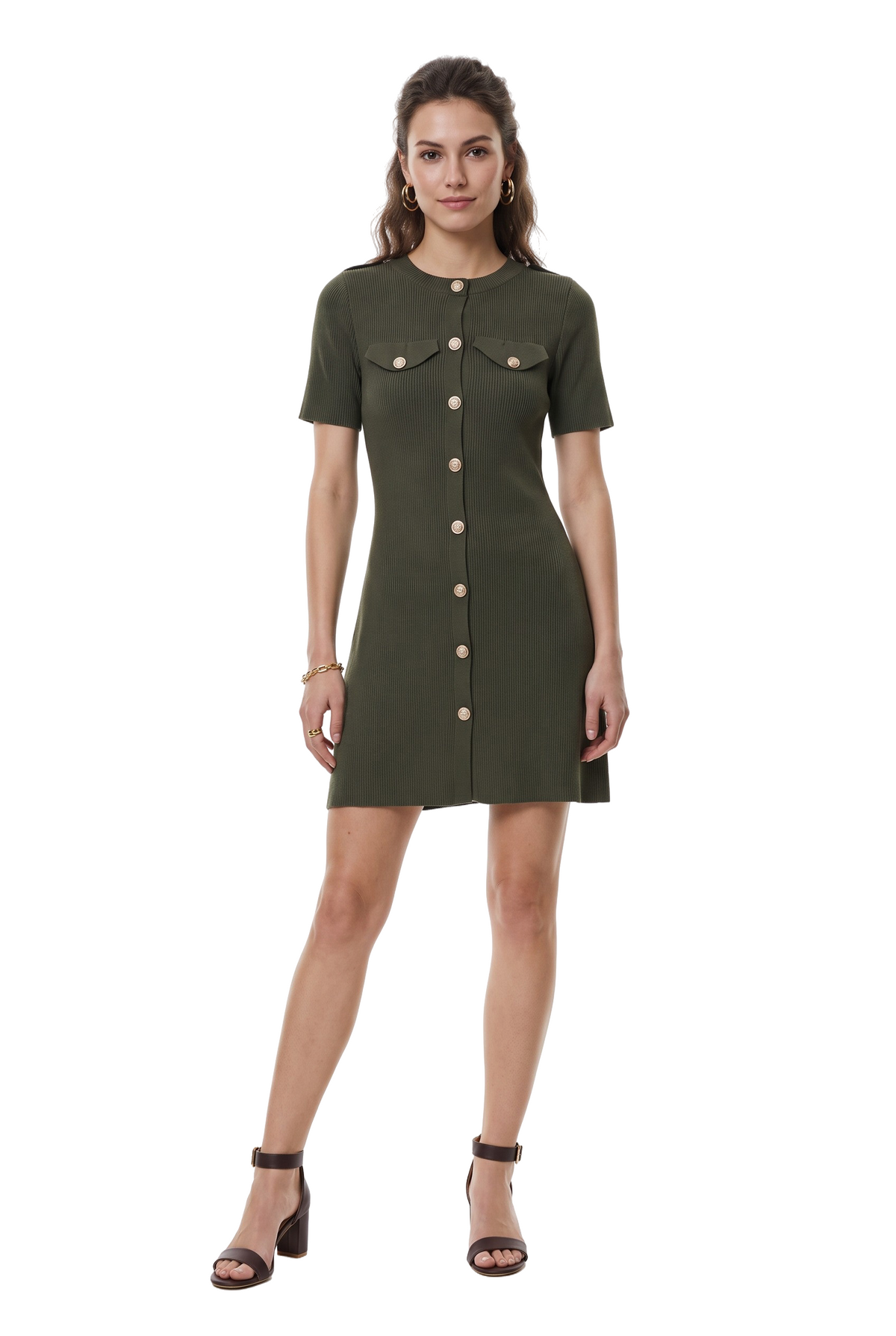 Olive Ribbed Button-Front Mini Dress