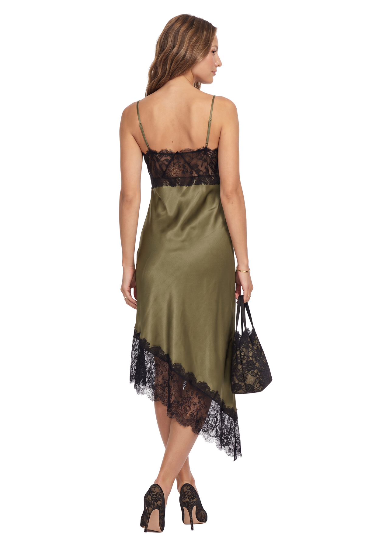 Olive Green Satin Lace Slip Dress