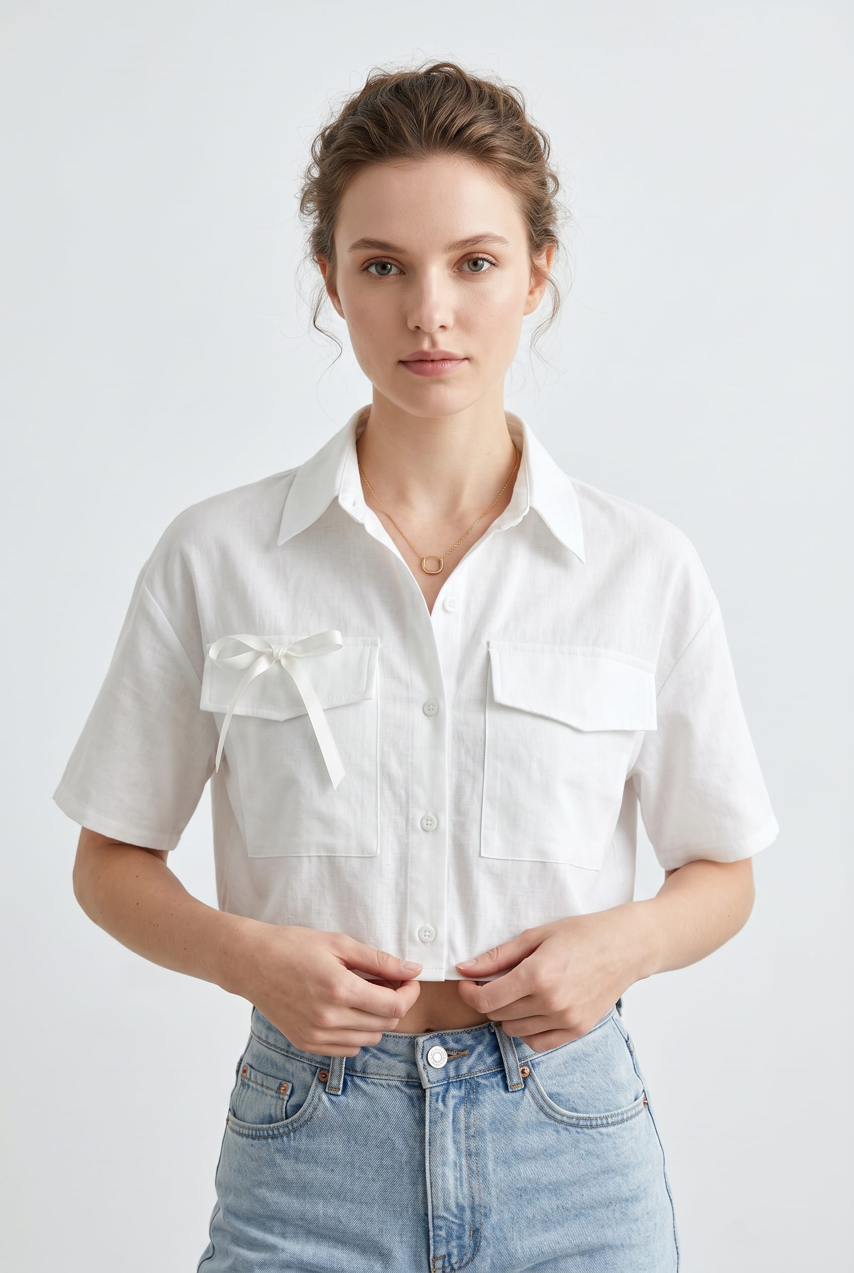White Cropped Safari Shirt Bow Detail