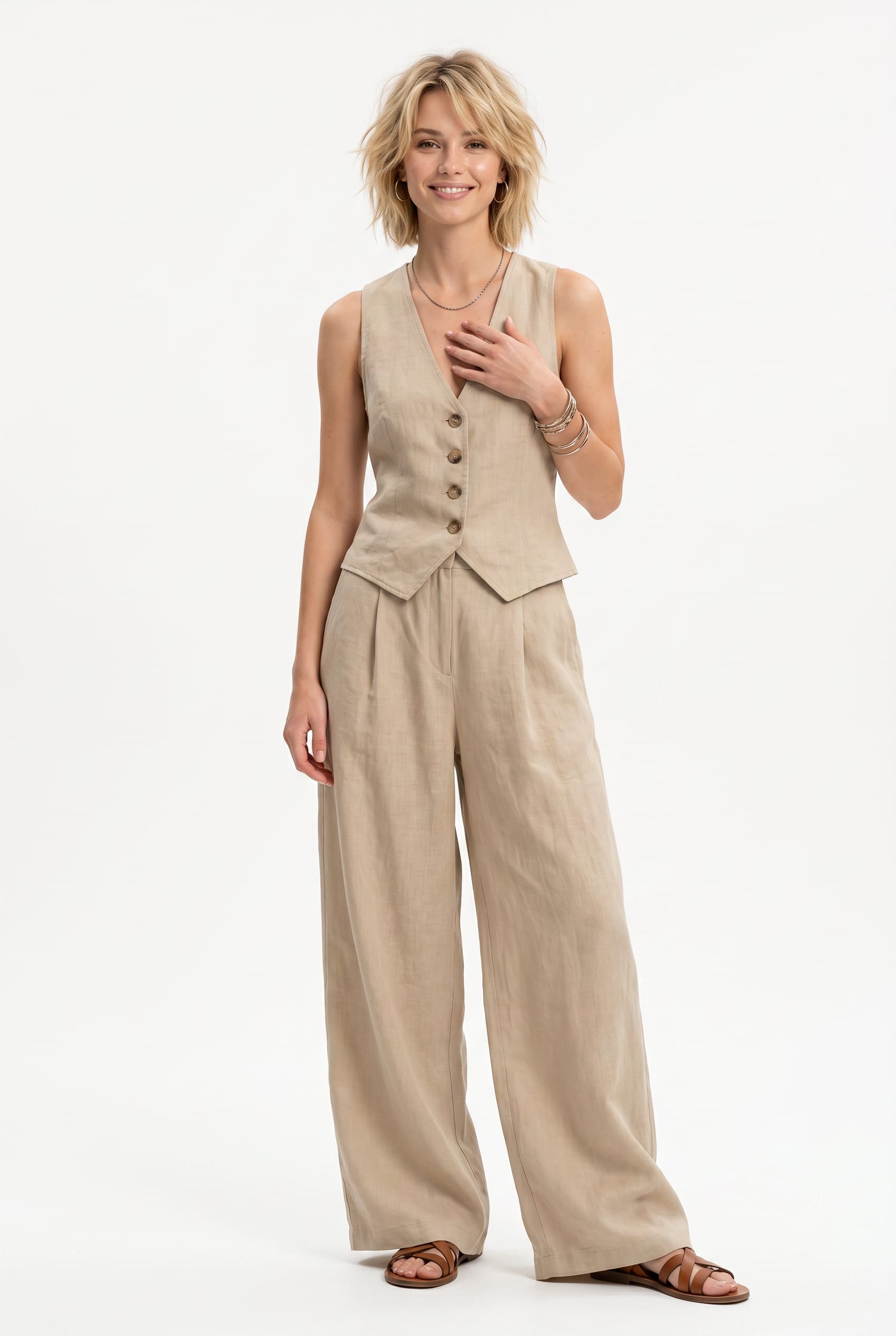 Natural Linen Vest and Wide-Leg Trouser Set