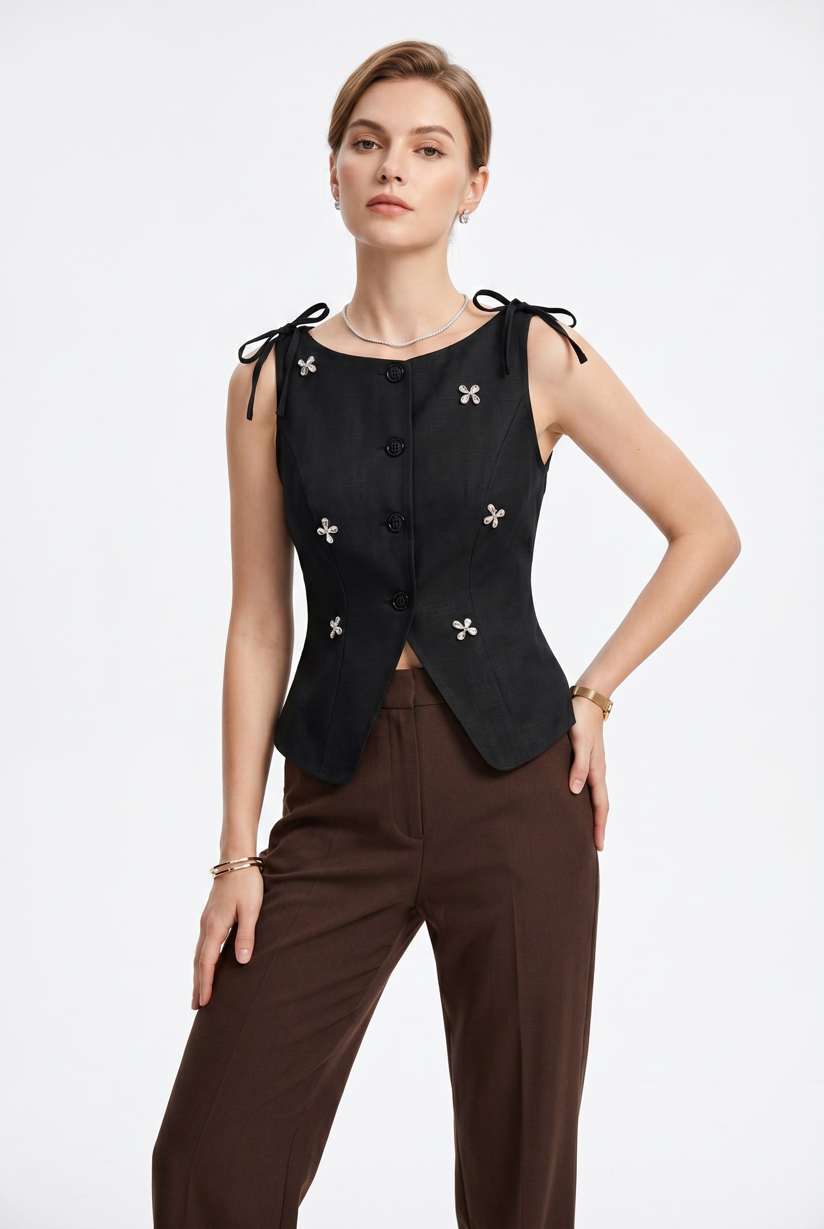 Black Embellished Button Front Vest Top