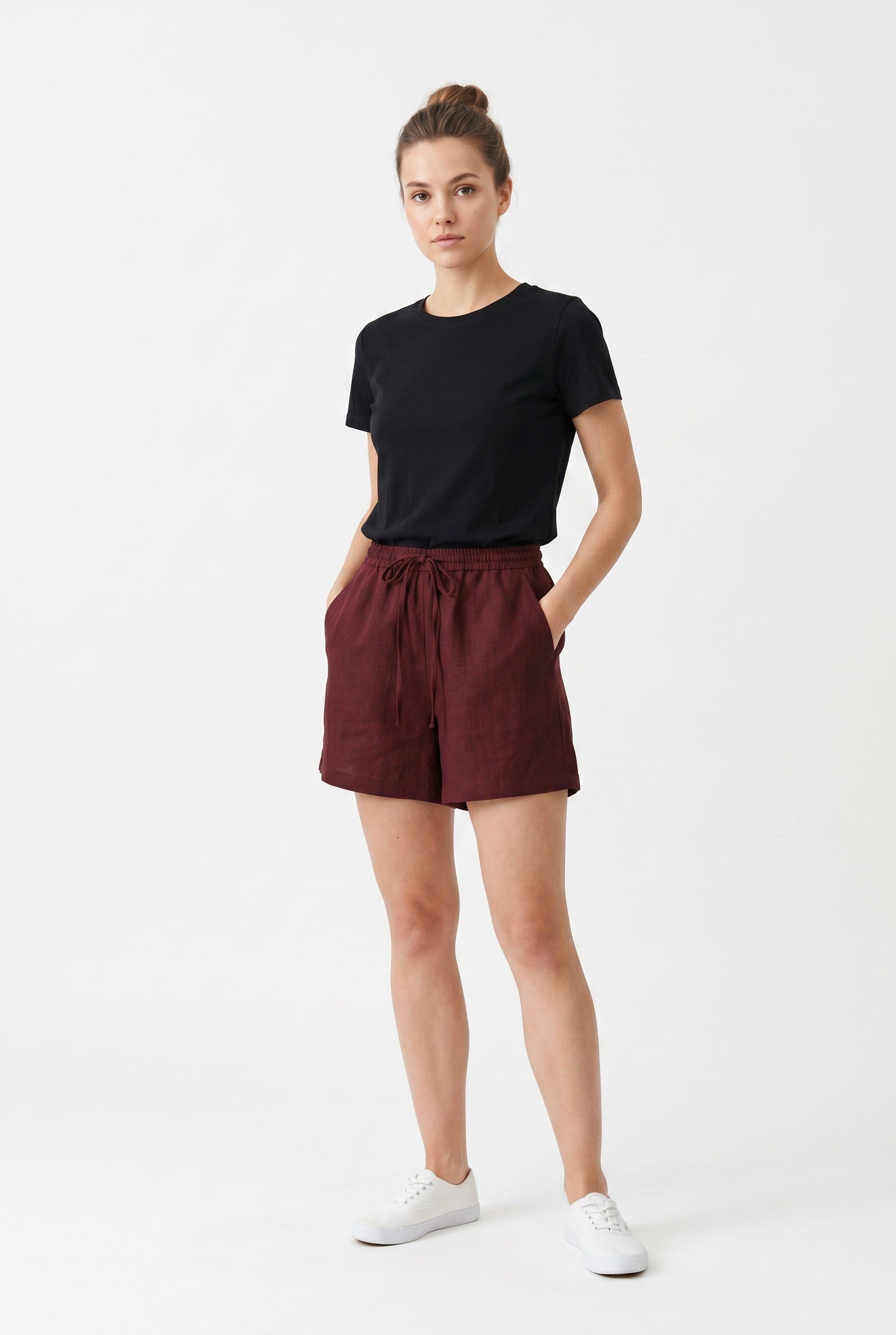 Burgundy Linen Drawstring Waist Shorts