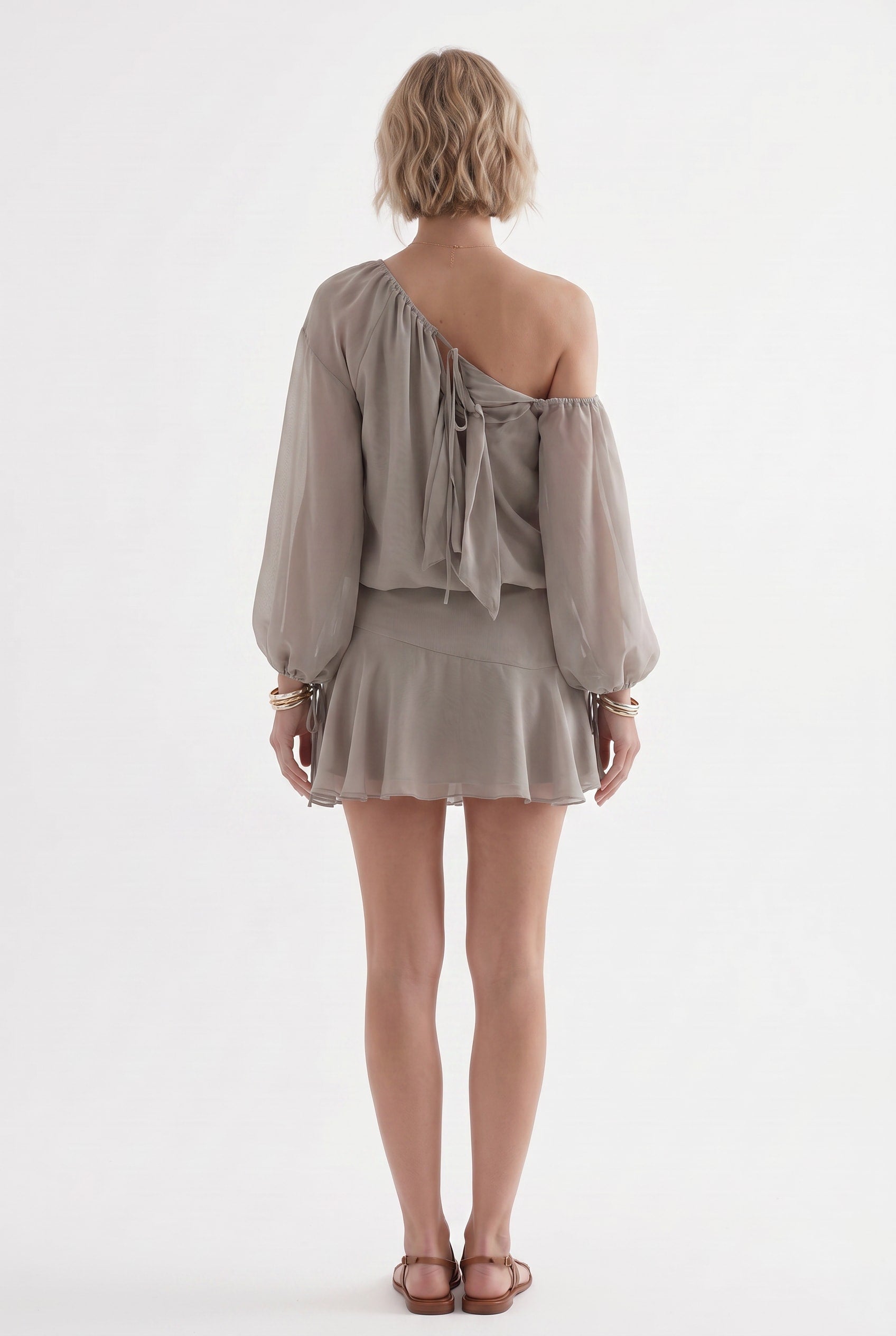 Taupe Off-Shoulder Blouson Mini Dress