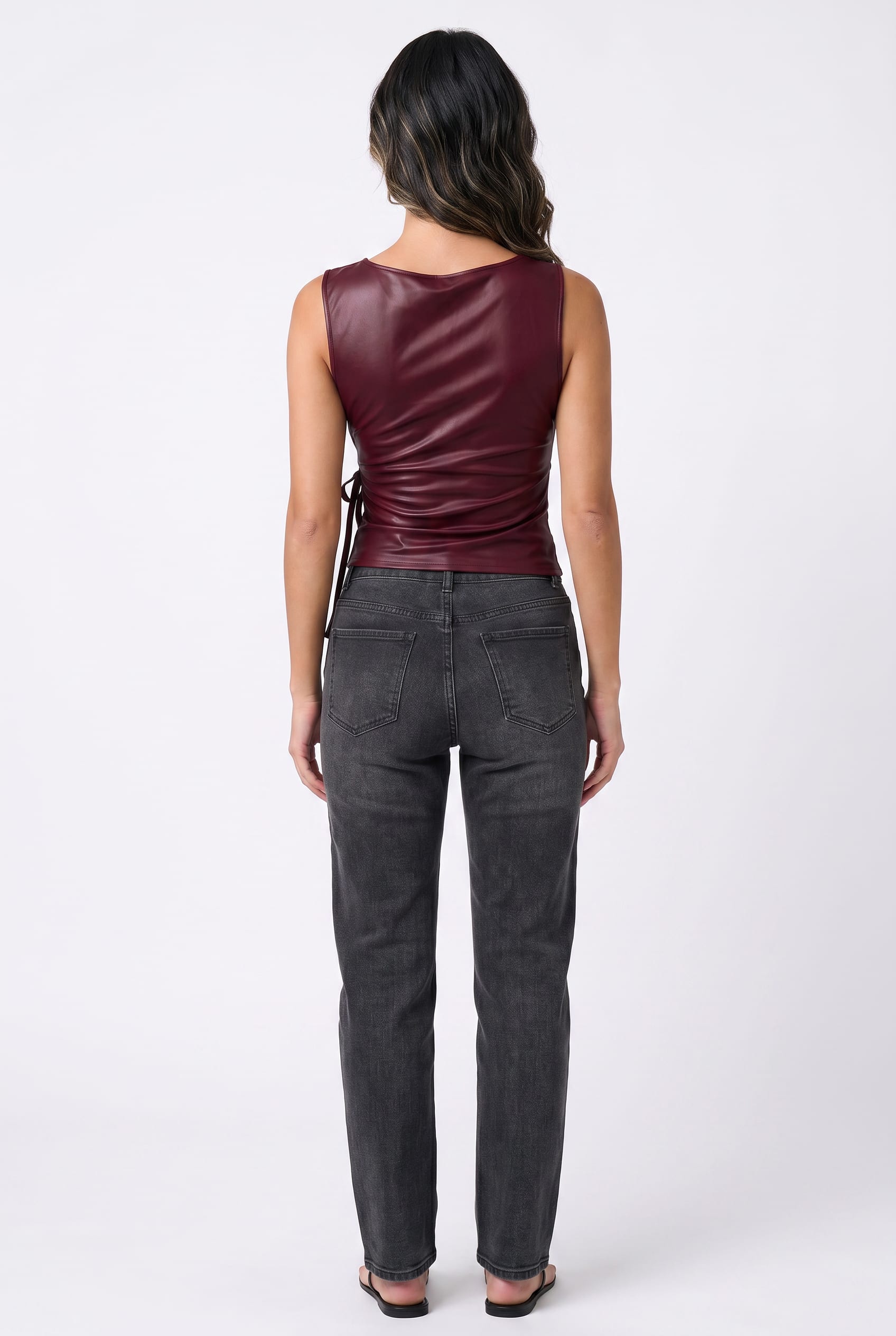 Burgundy Faux Leather Wrap Top