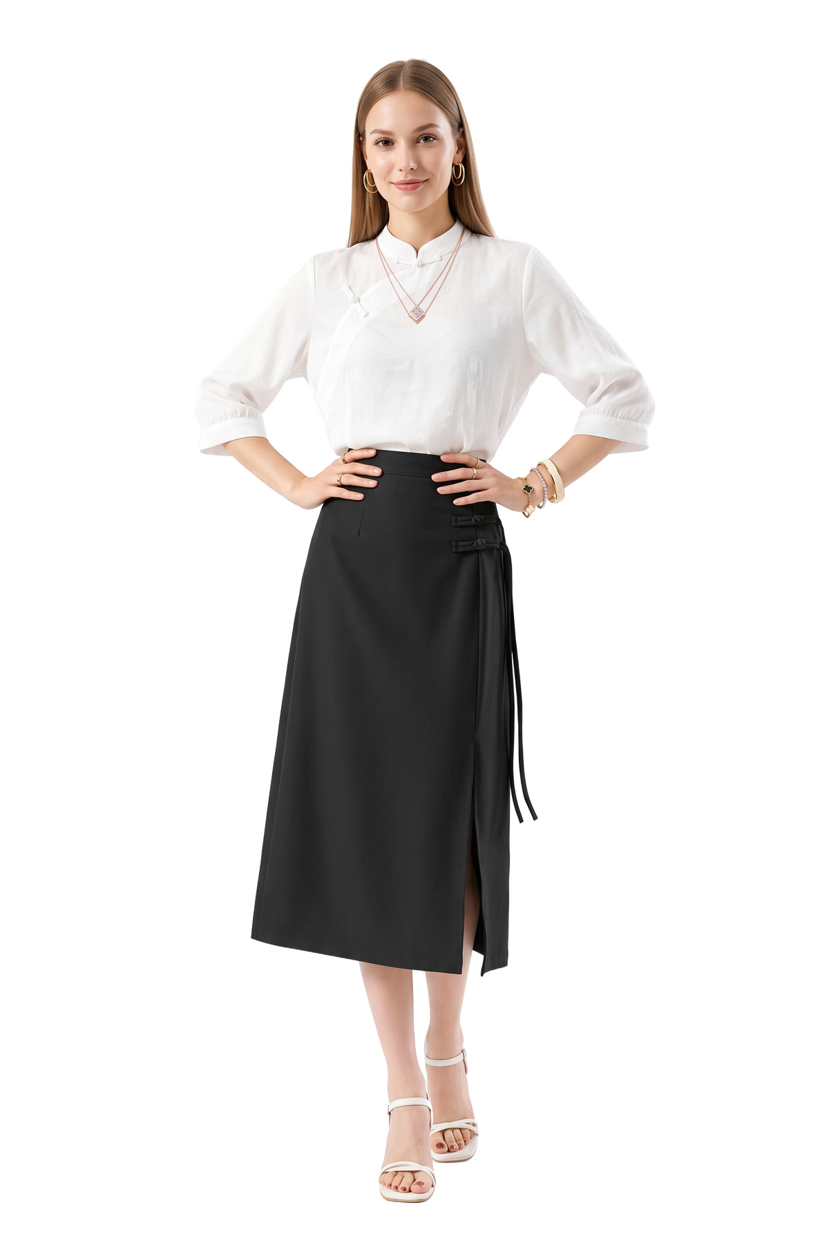 Black Wrap Structured Midi Skirt