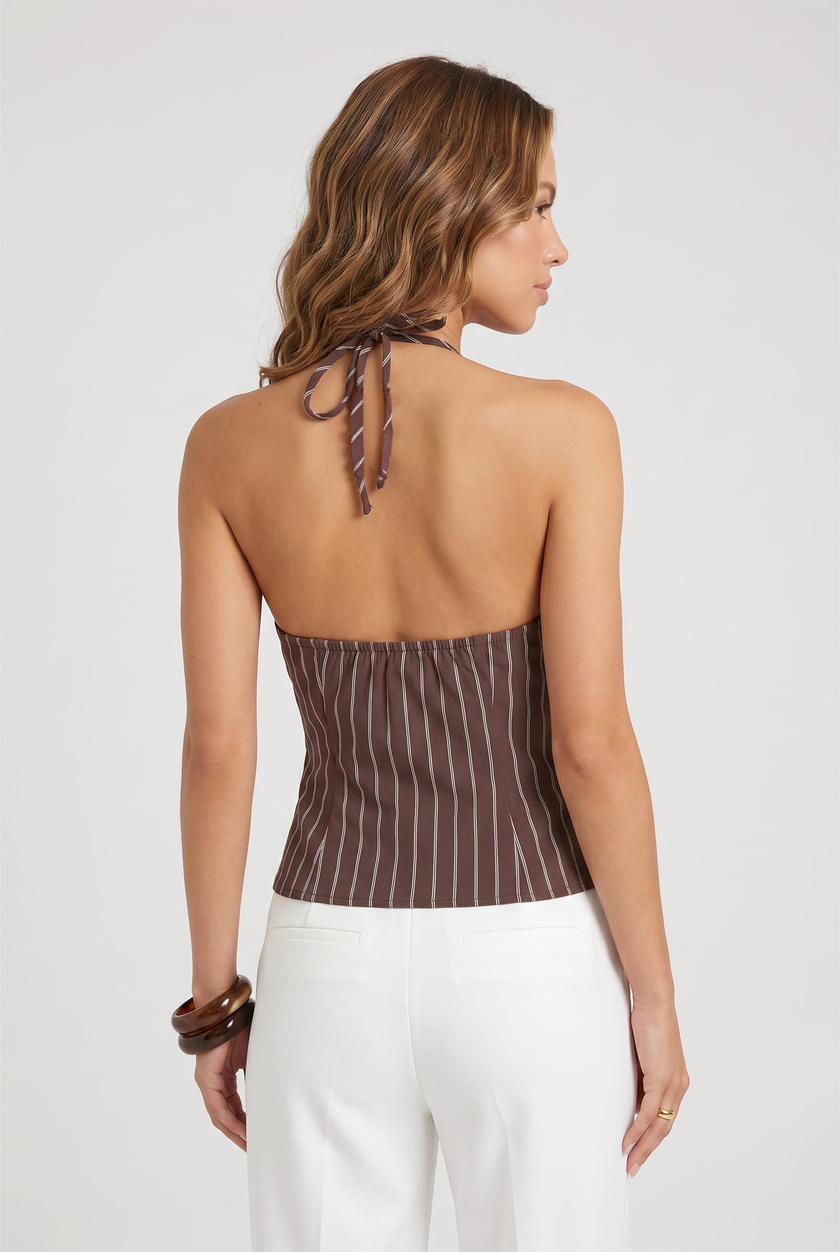 Brown Pinstripe Beaded Halter Top