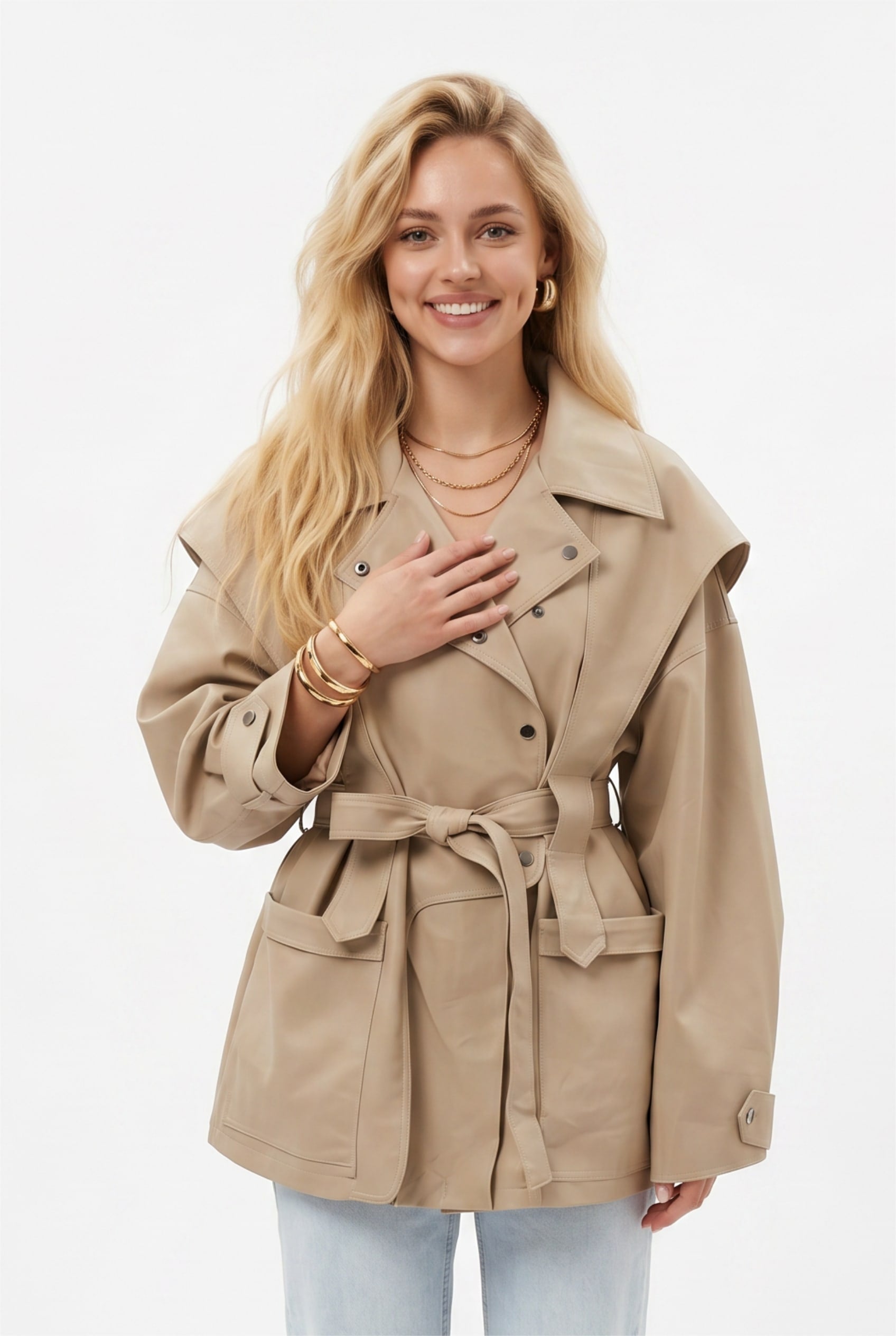 Beige Faux Leather Belted Trench Jacket