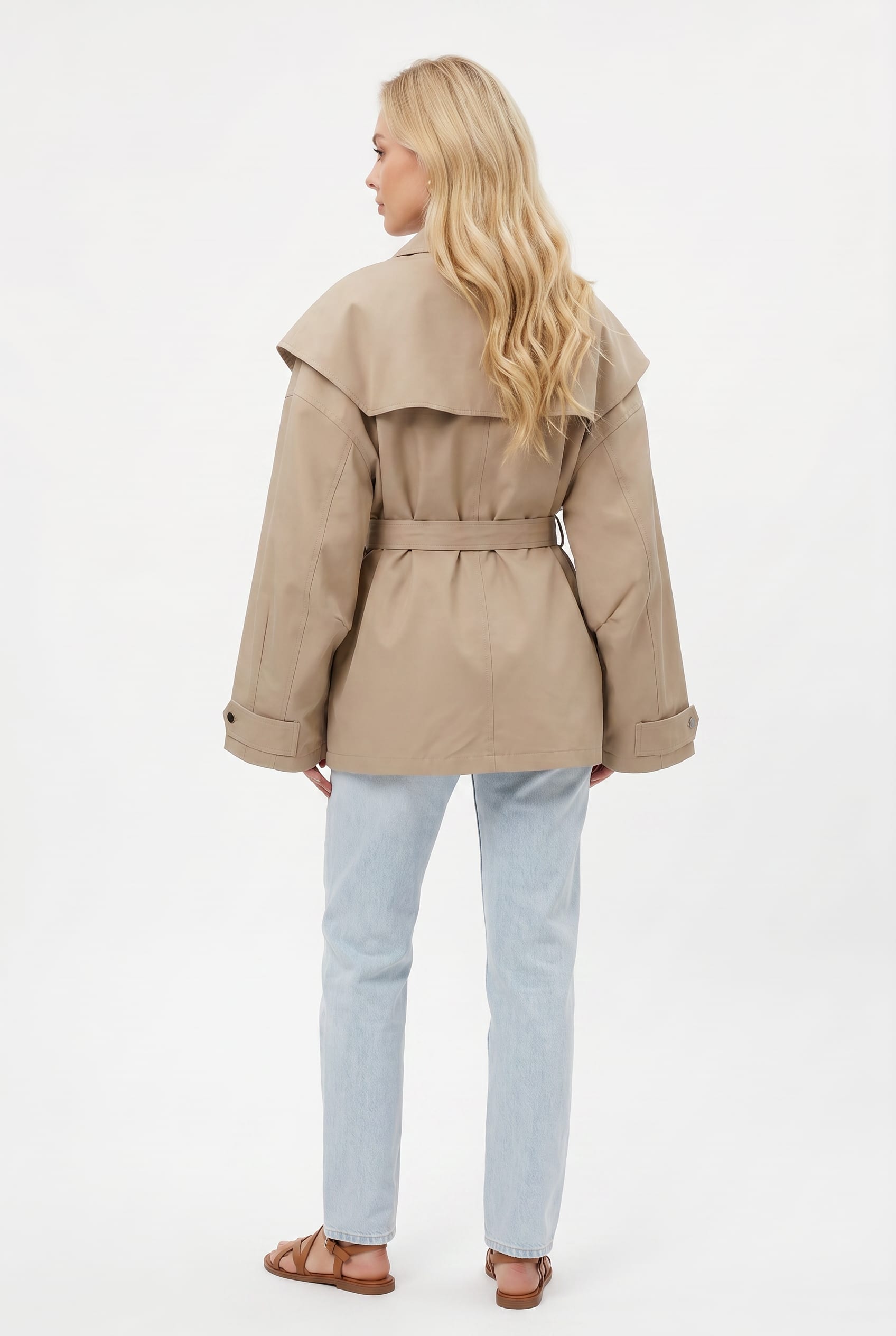 Beige Faux Leather Belted Trench Jacket