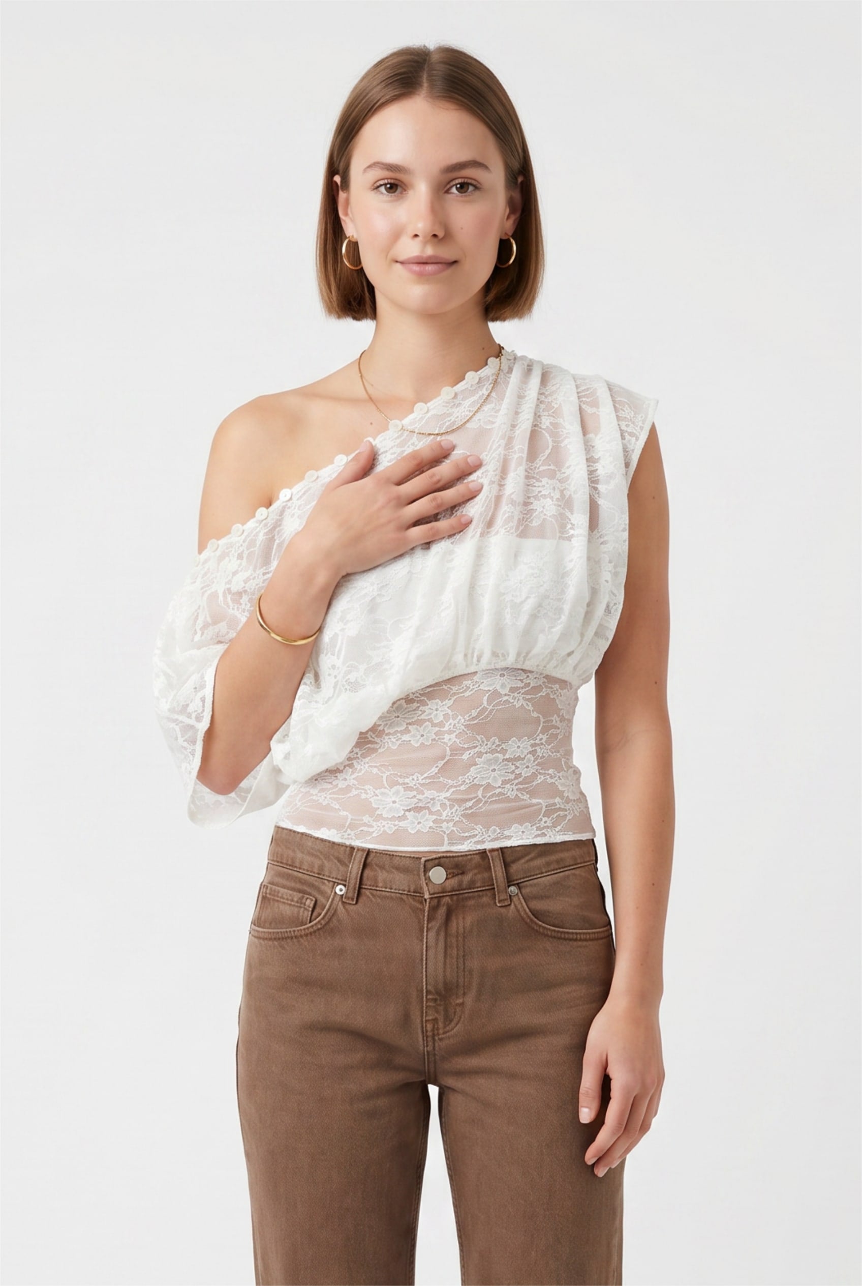 White Lace One-Shoulder Asymmetric Top