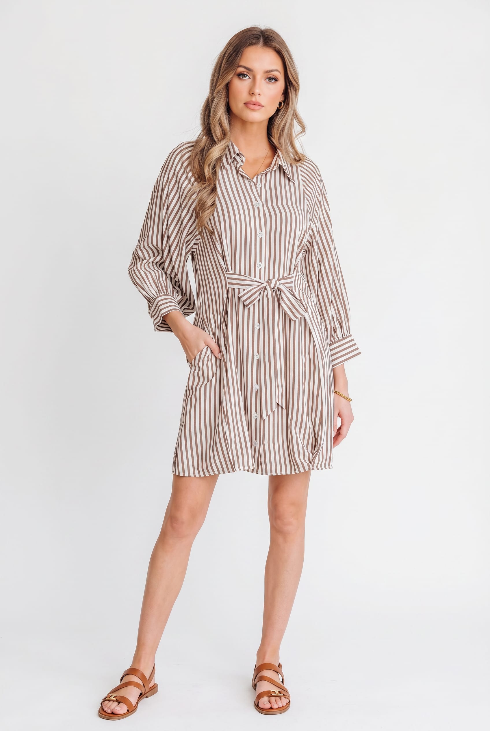 Taupe Stripe Belted Shirt Dress
