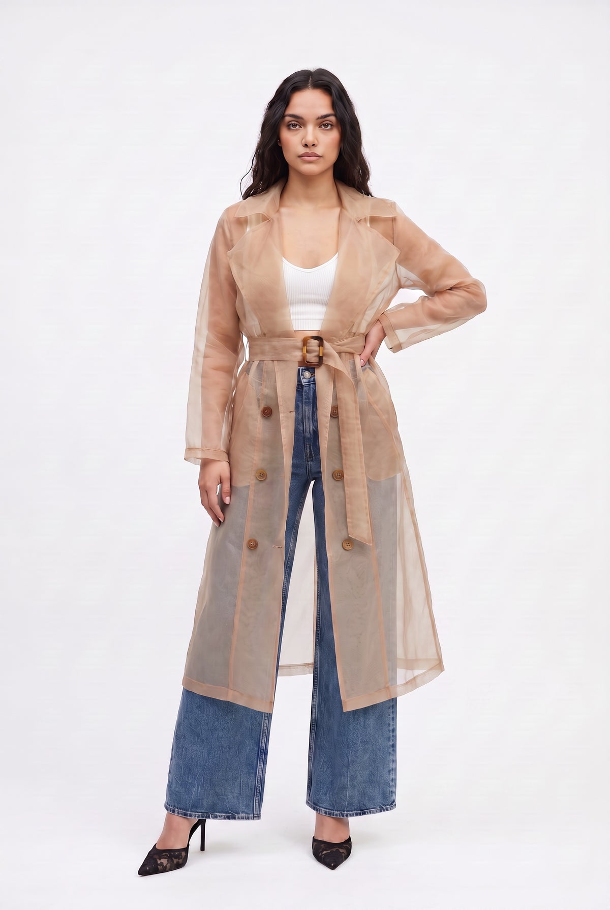Beige Sheer Organza Trench Coat