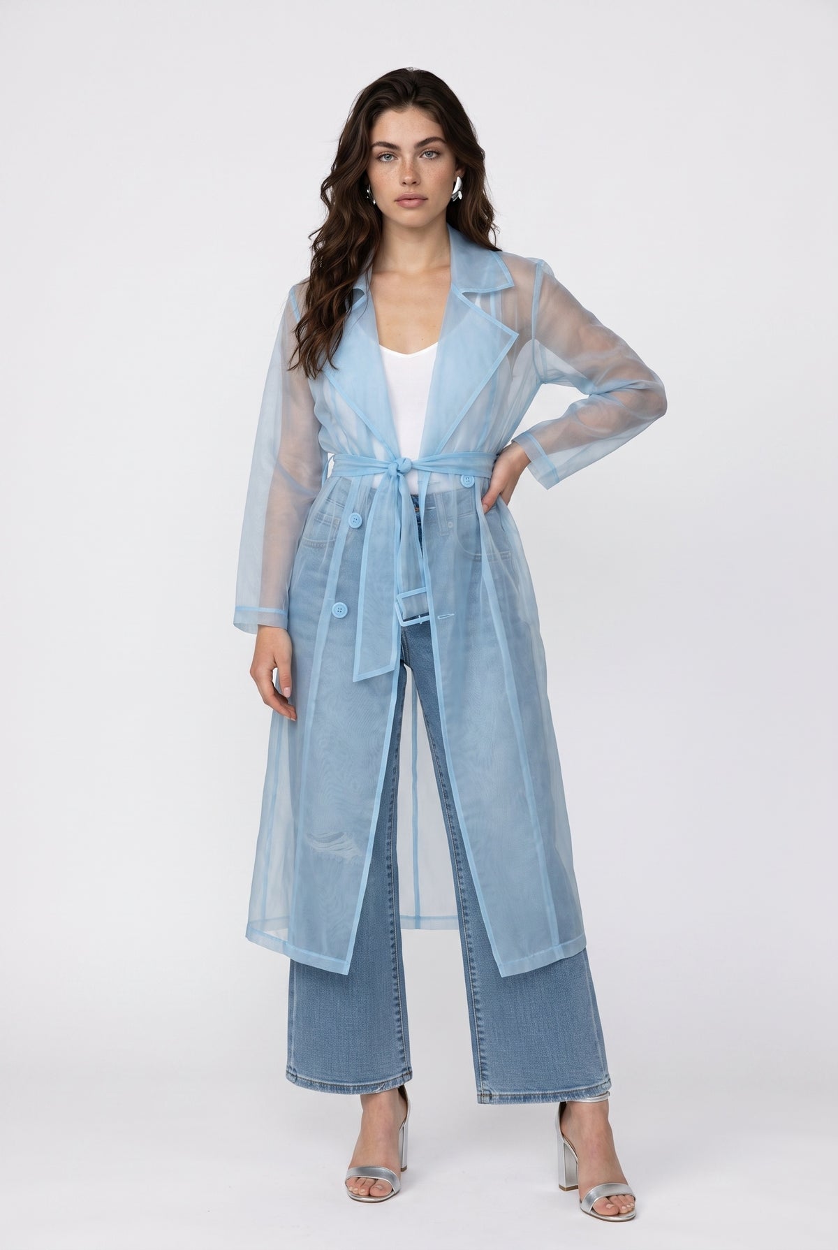 Blue Sheer Organza Trench Coat