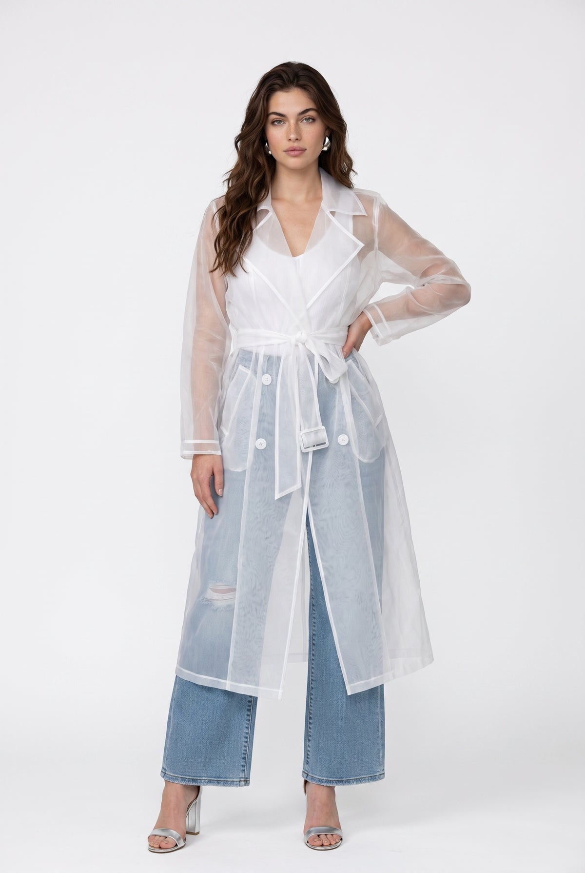 Blue Sheer Organza Trench Coat
