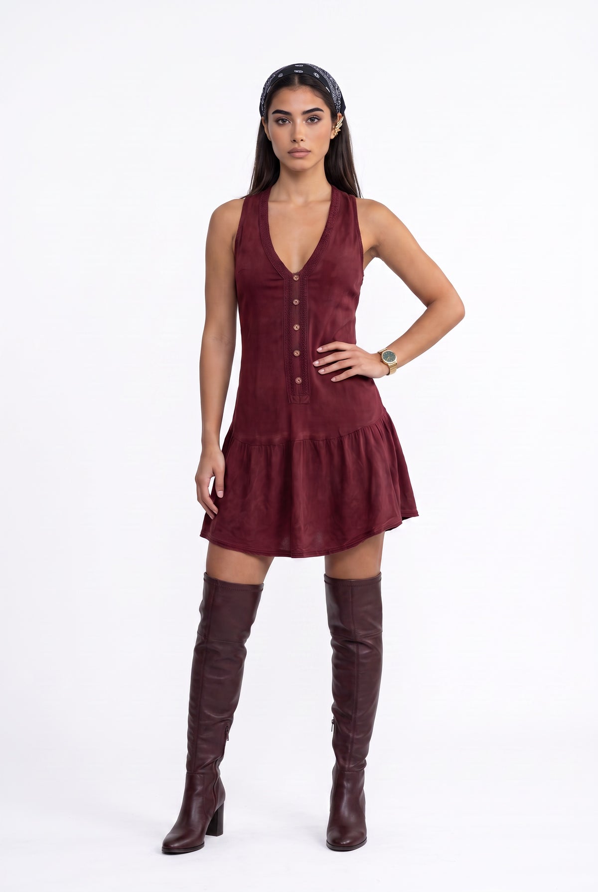 Burgundy Suede Button-Front Mini Dress