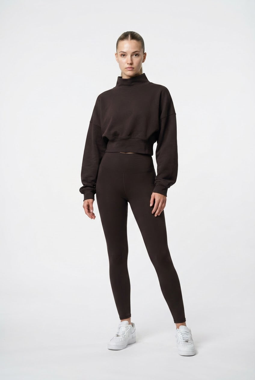 Brown Cropped Mock Neck Sweatshirt