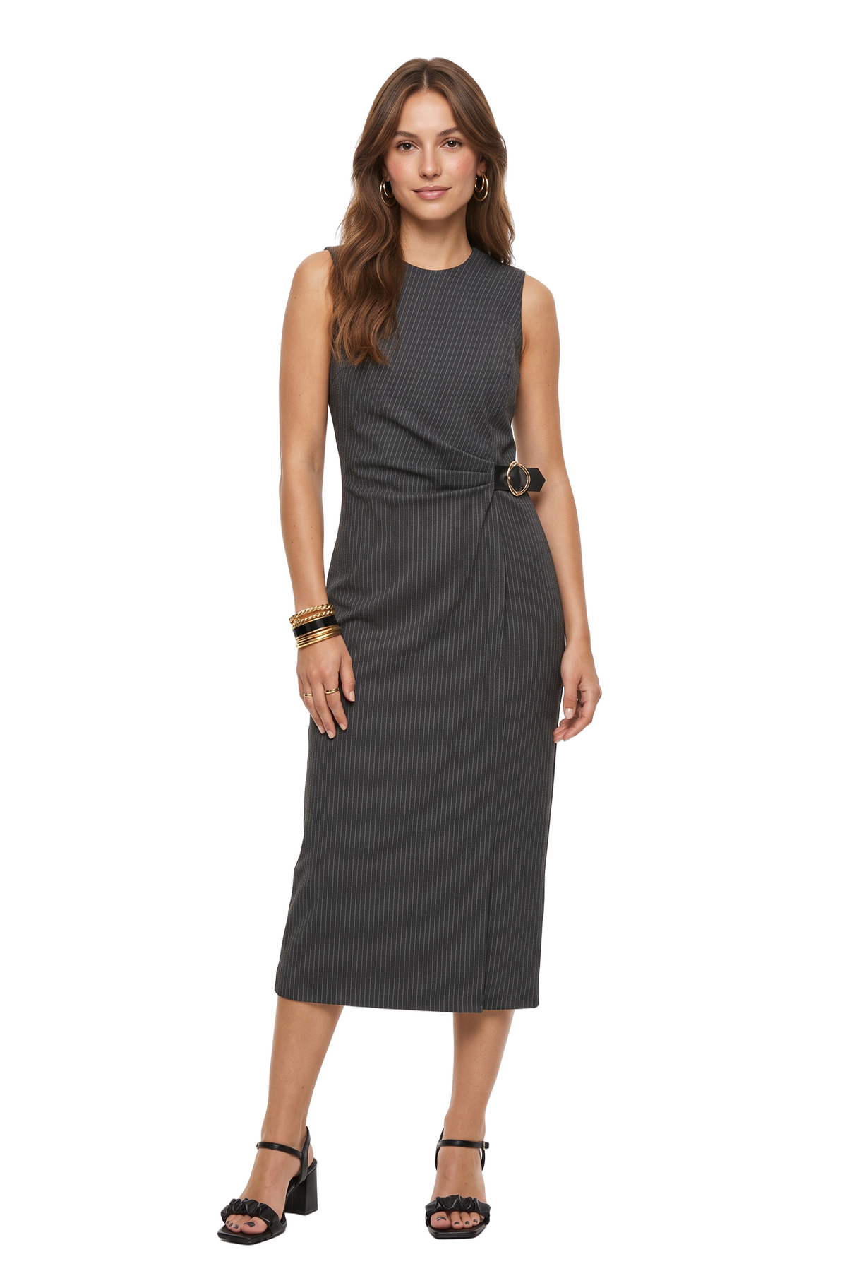 Gray Pinstripe Sleeveless Midi Dress