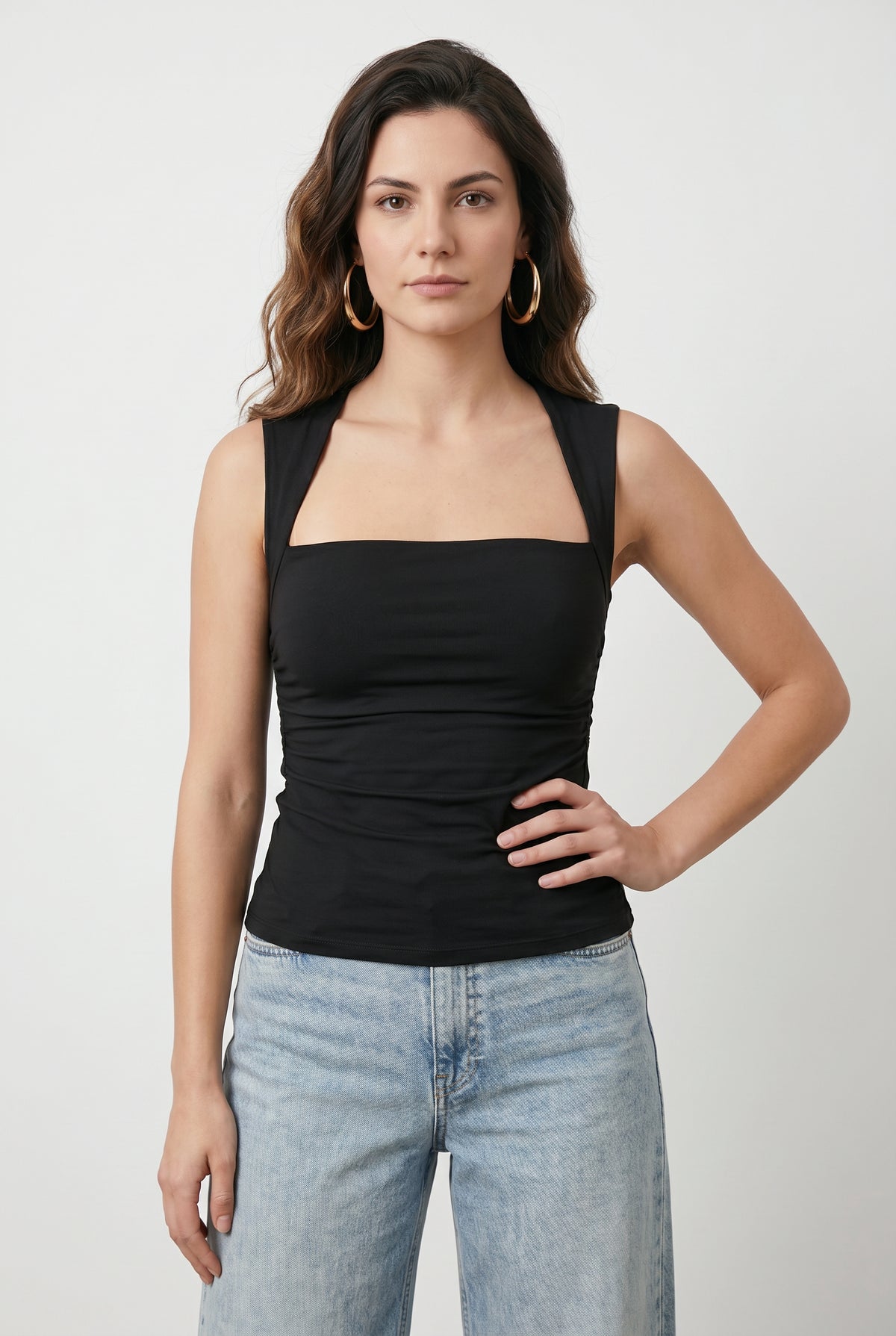 Black Square Neck Ruched Tank