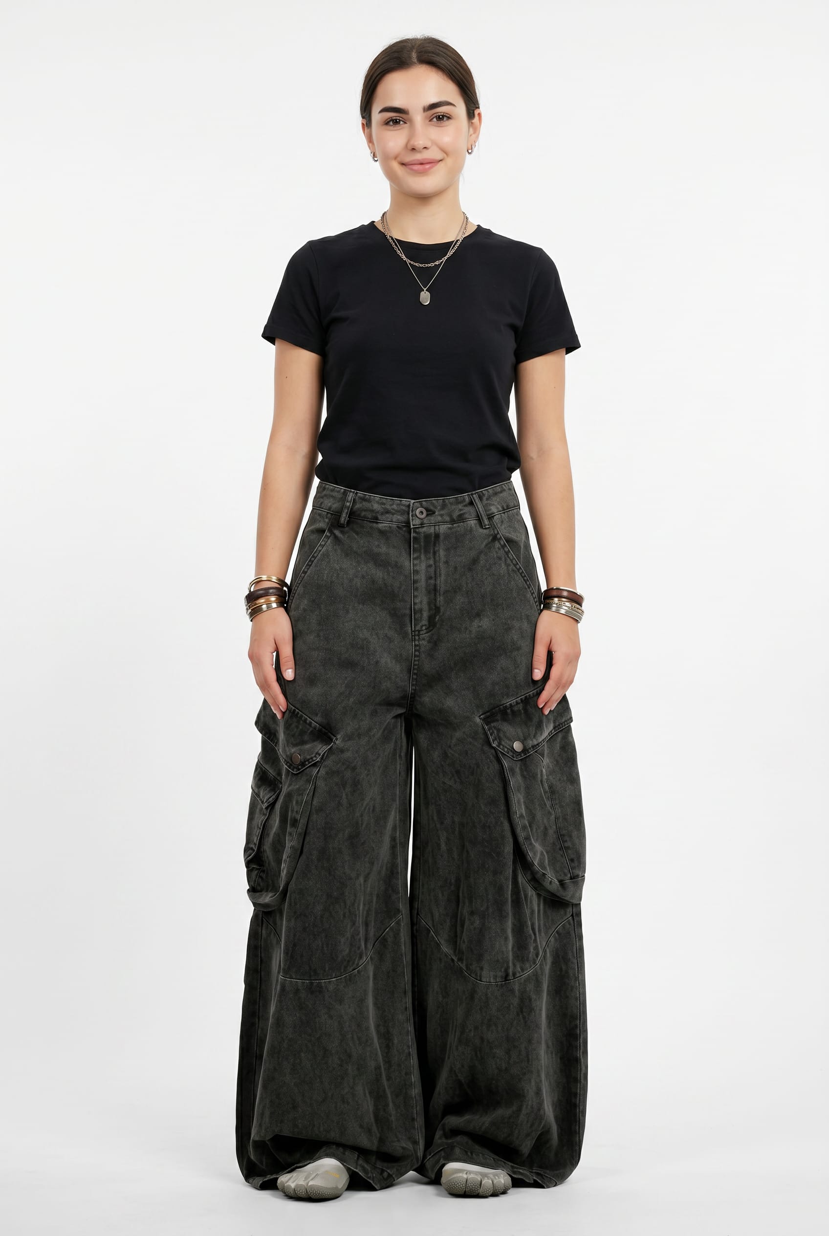 Charcoal Acid Wash Wide Leg Cargo Jeans