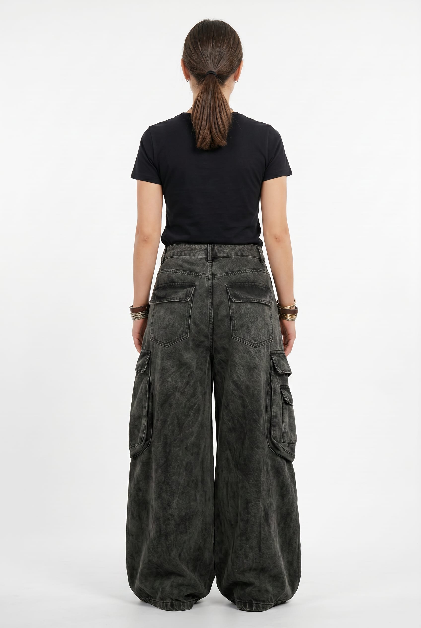 Charcoal Acid Wash Wide Leg Cargo Jeans
