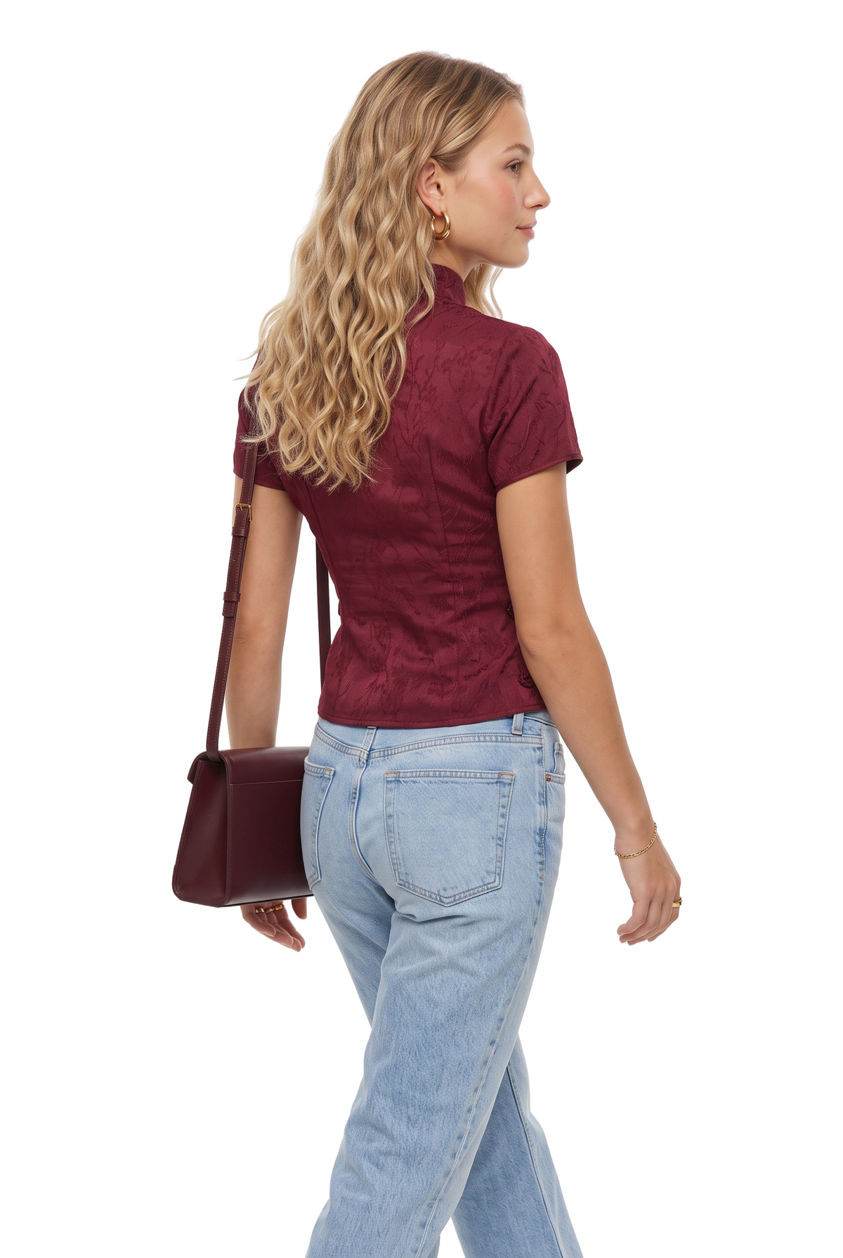Burgundy Jacquard Chinese Collar Top