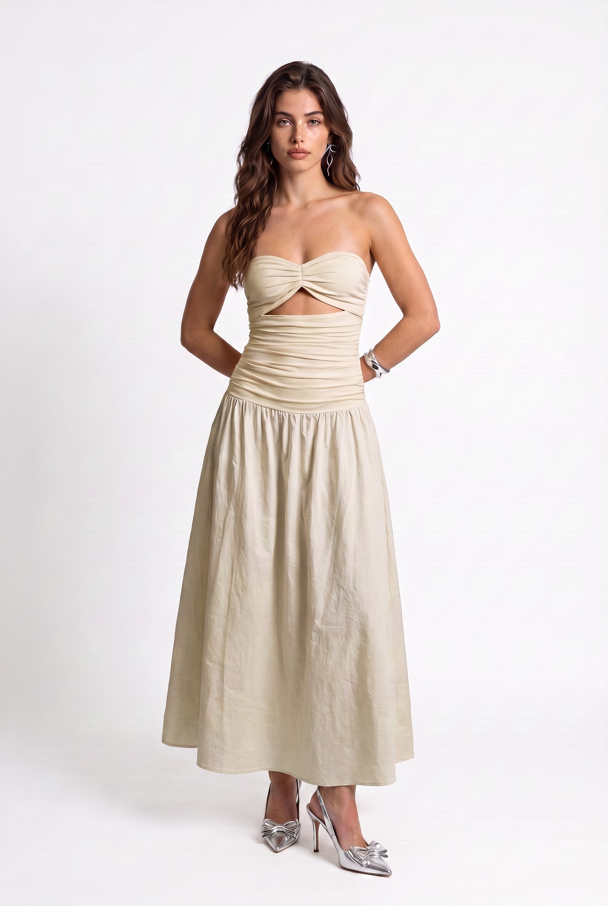 Beige Strapless Cut-Out Midi Dress