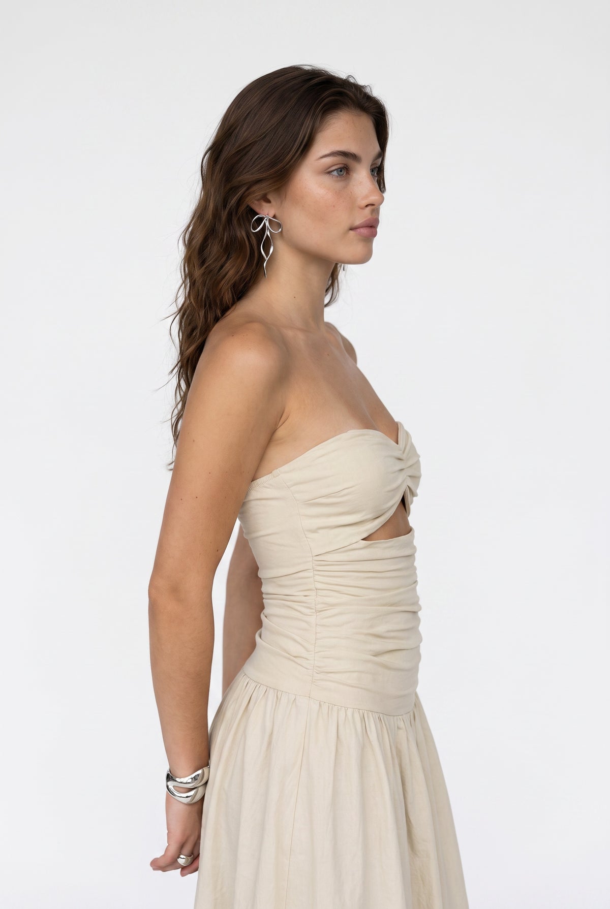 Beige Strapless Cut-Out Midi Dress