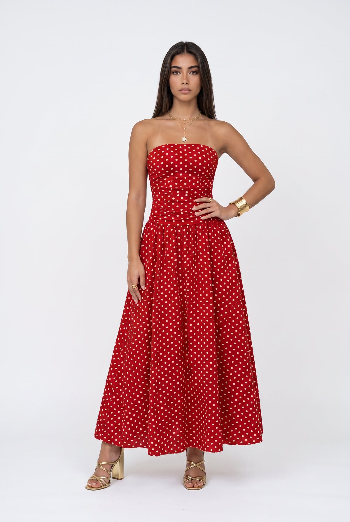 Red Polka Dot Strapless Midi Dress