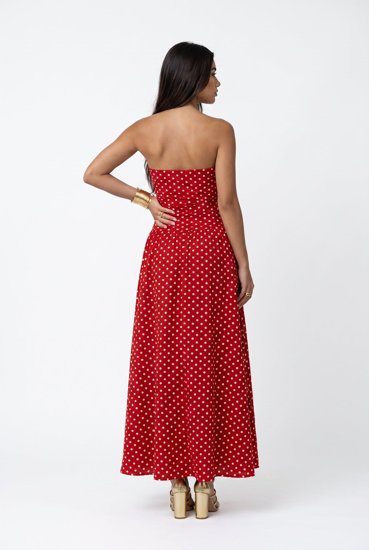 Red Polka Dot Strapless Midi Dress