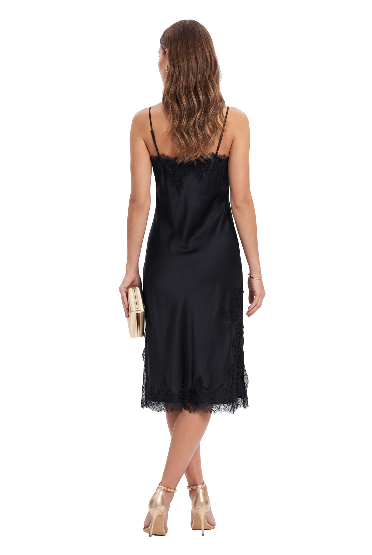 Black Satin Lace Midi Dress