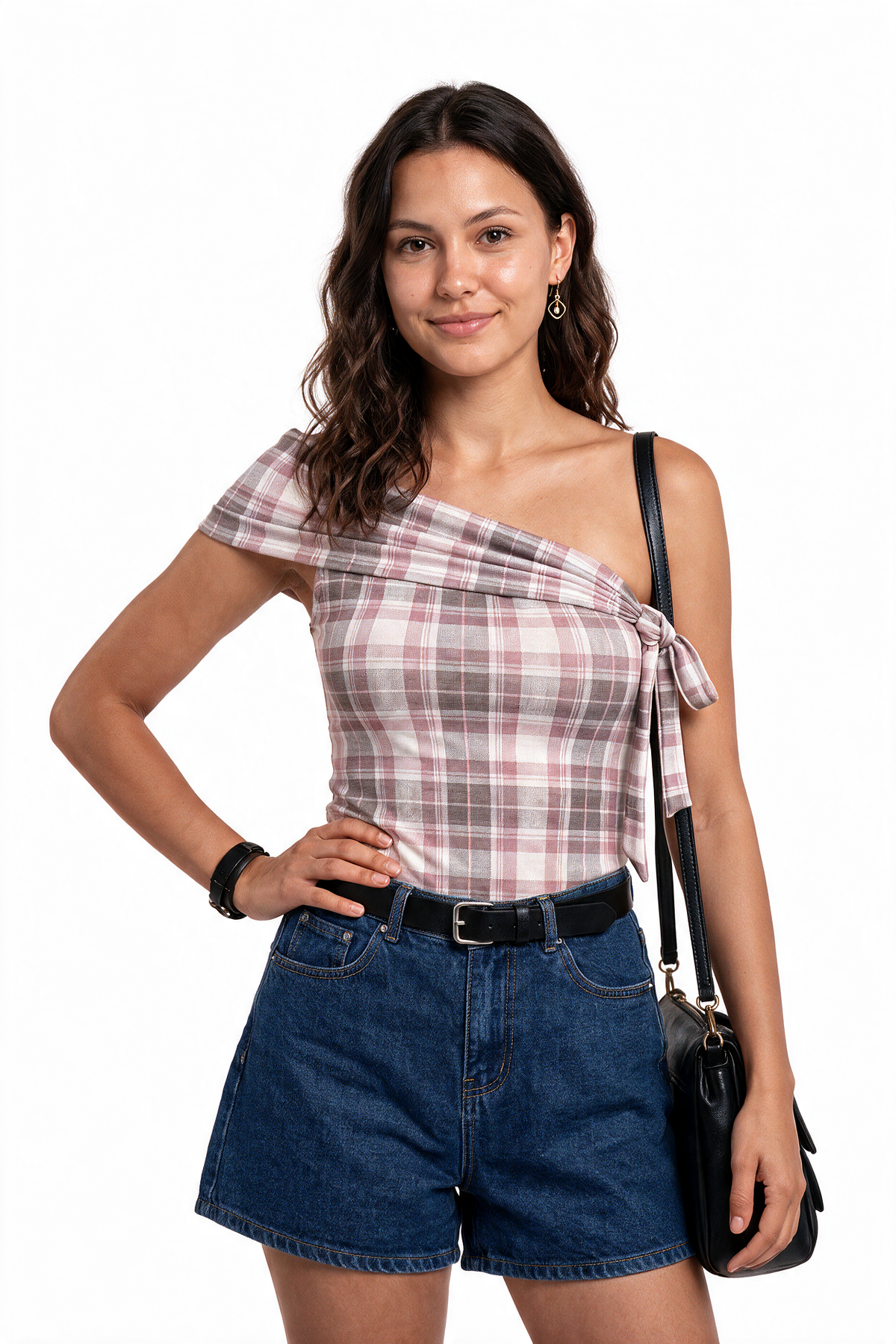 Plaid One Shoulder Cropped Blouse