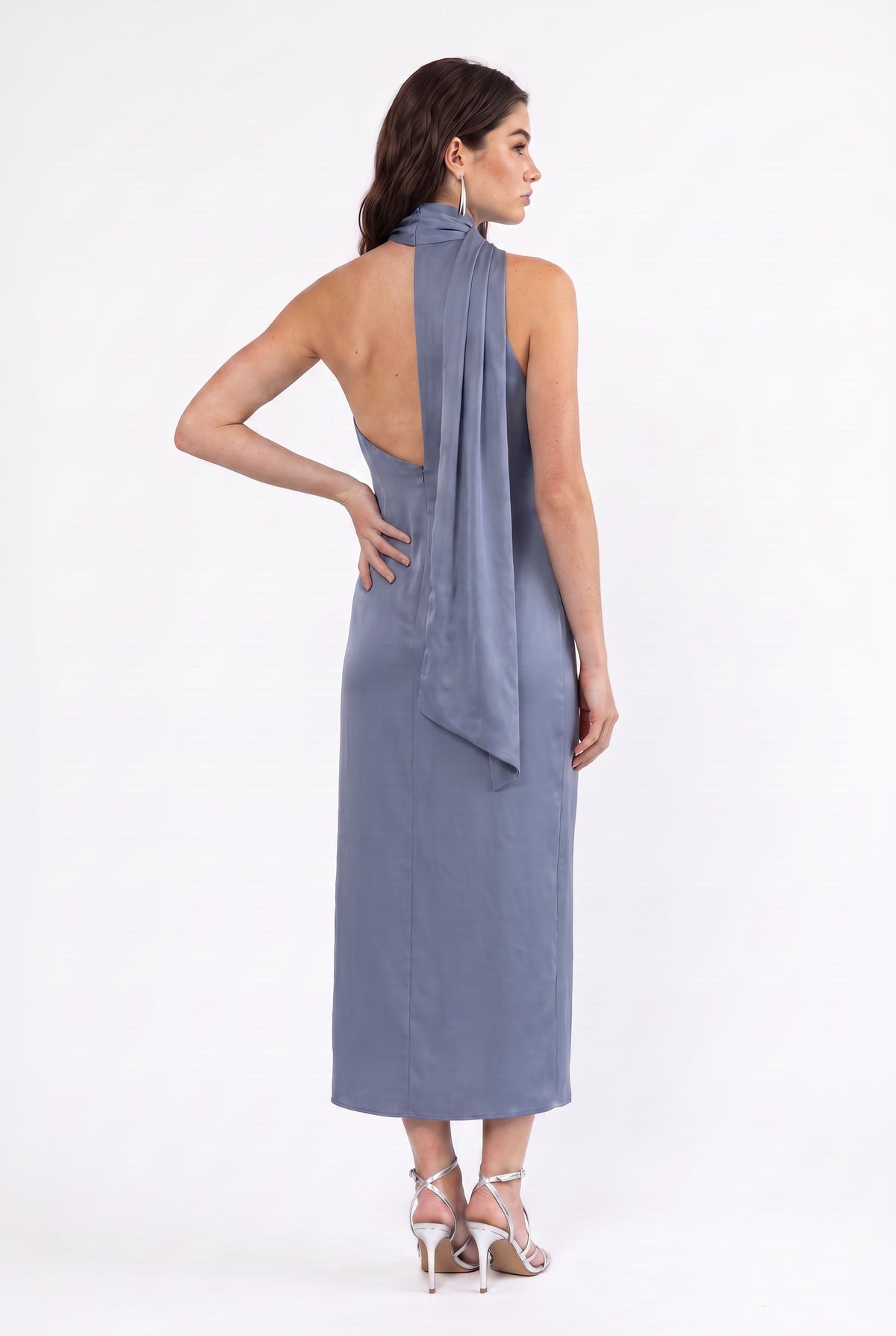 Blue Satin Halter Neck Midi Dress