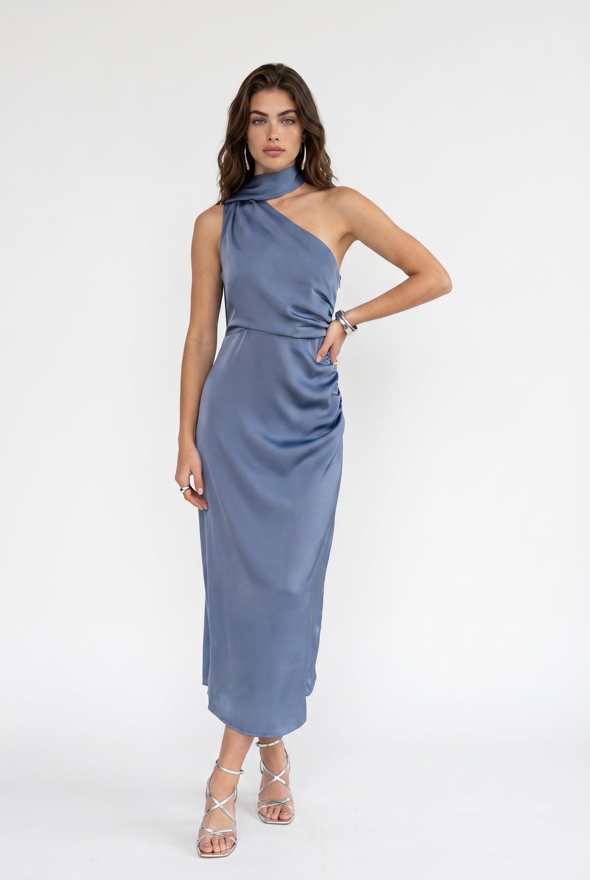Blue Satin Halter Neck Midi Dress
