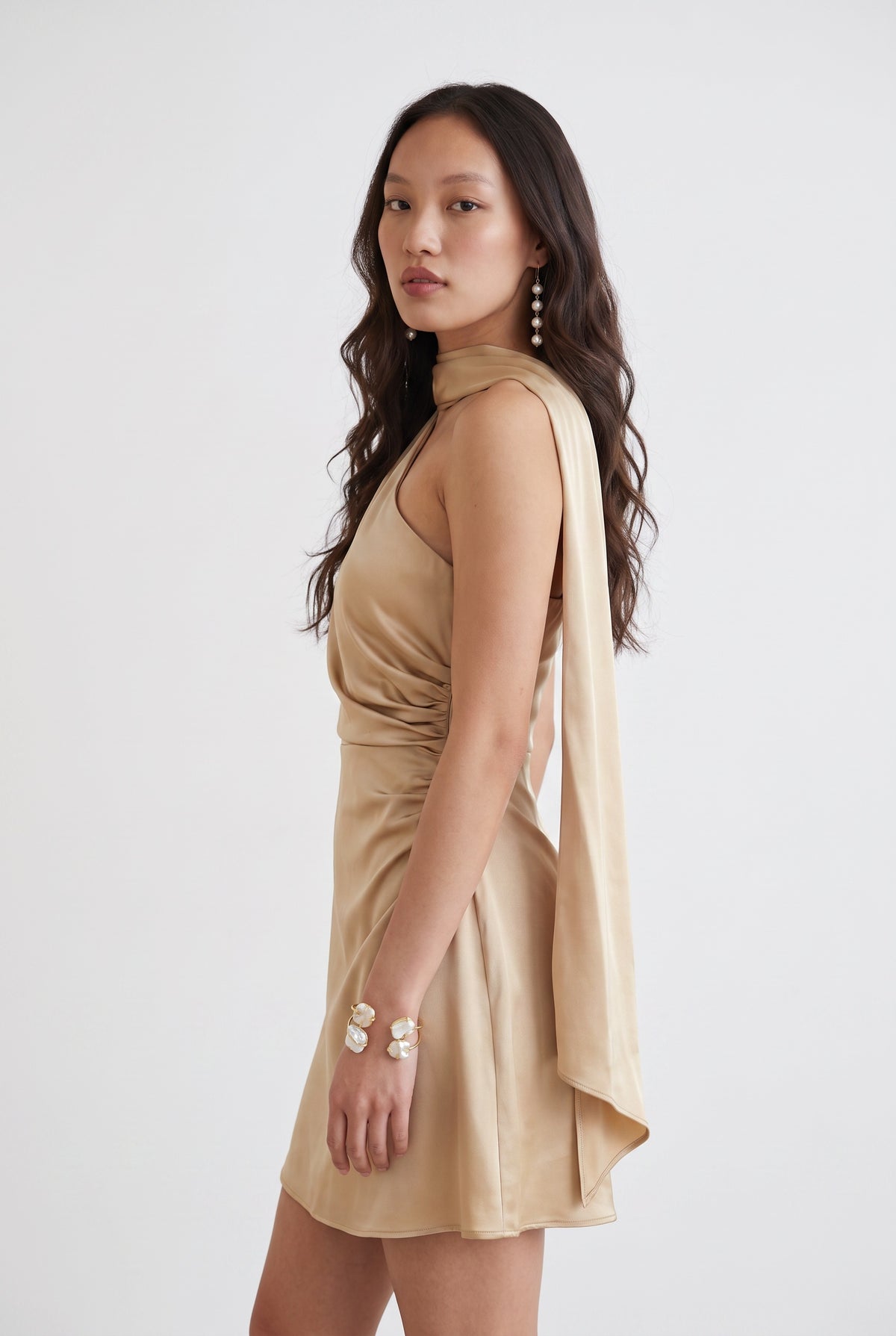Gold Satin Halter Mini Dress