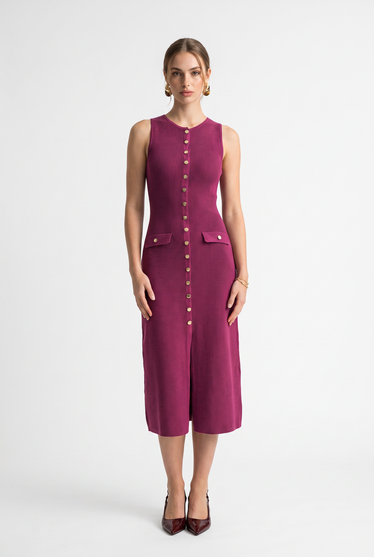 Berry Ribbed Button-Front Midi Dress
