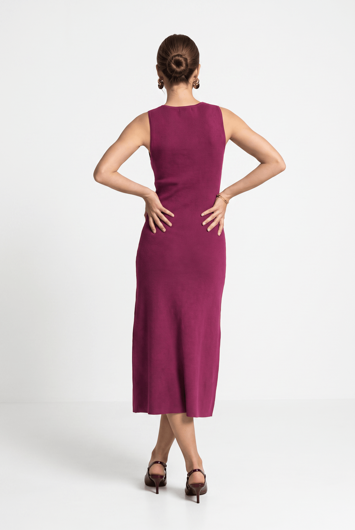 Berry Ribbed Button-Front Midi Dress