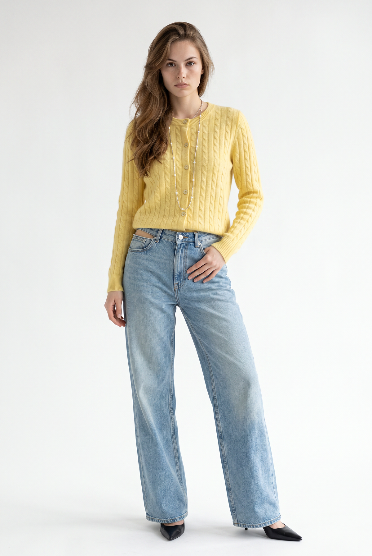 Yellow Cable Knit Fitted Cardigan