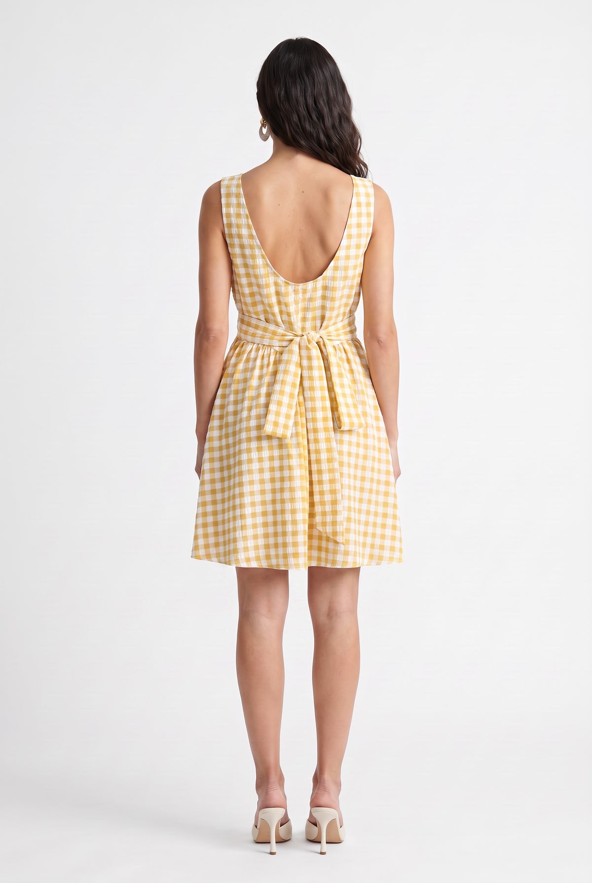 Yellow Gingham Backless Mini Dress