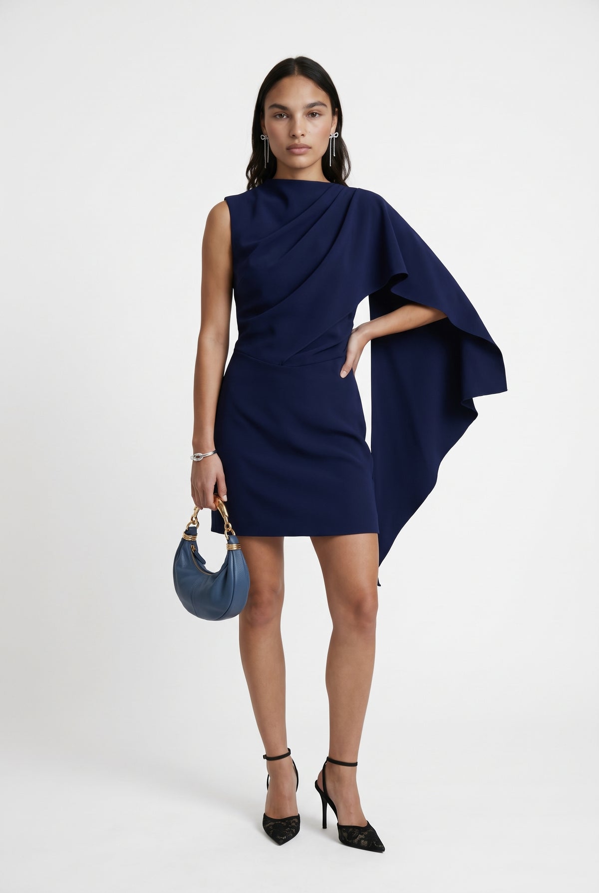 Navy Draped Cape Mini Dress
