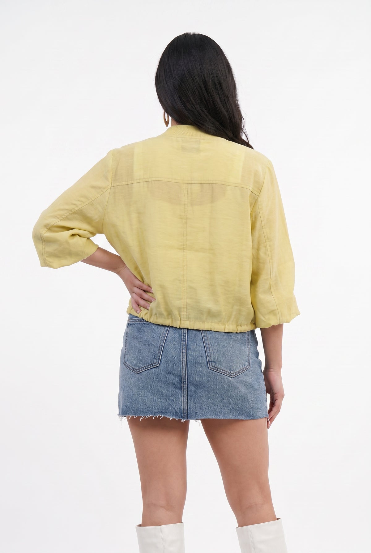 Yellow Linen Cropped Bomber Jacket