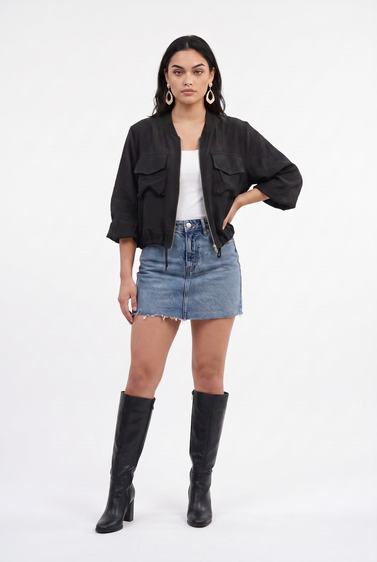 Black Linen Cropped Bomber Jacket