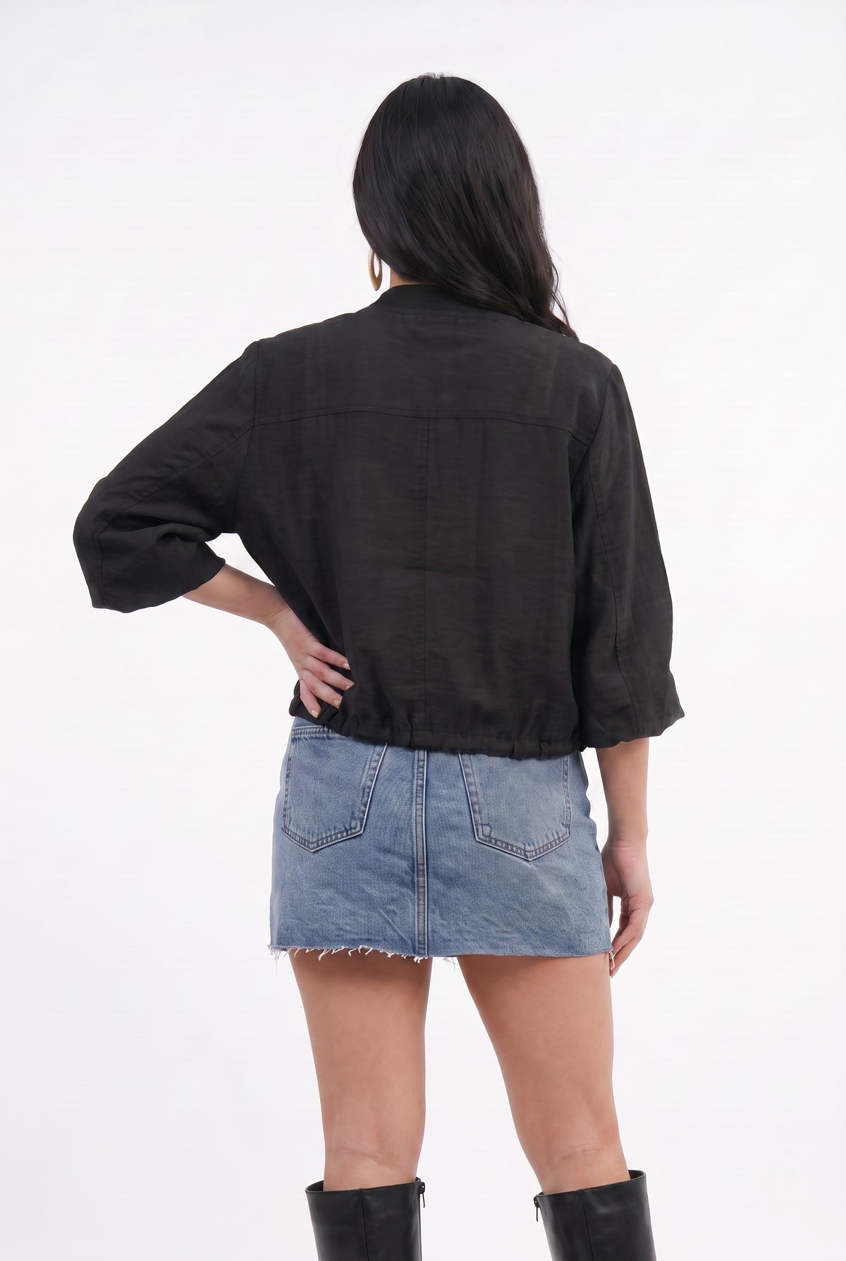 Black Linen Cropped Bomber Jacket