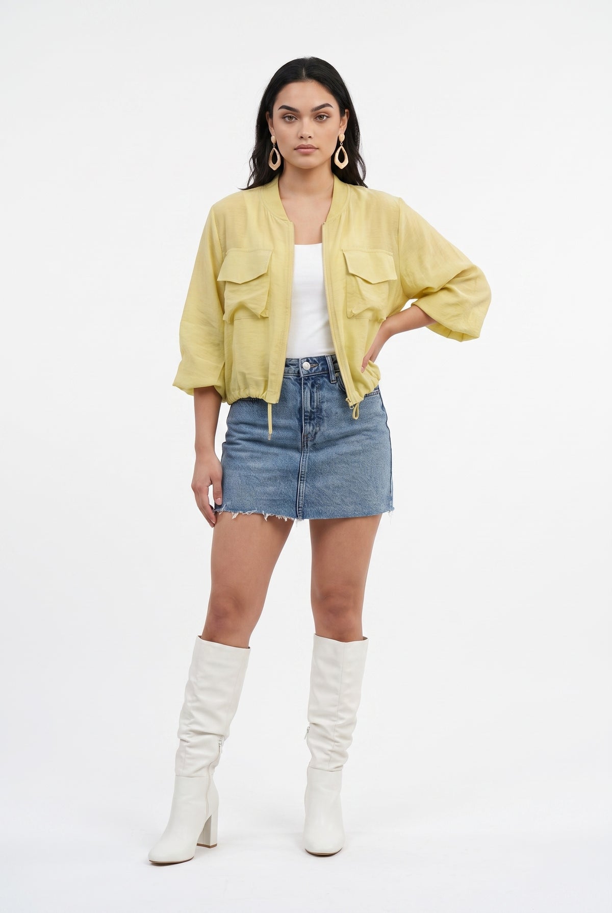 Yellow Cropped Linen Bomber Jacket