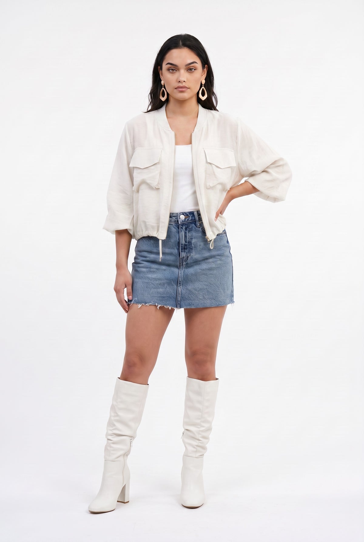 White Cropped Linen Bomber Jacket