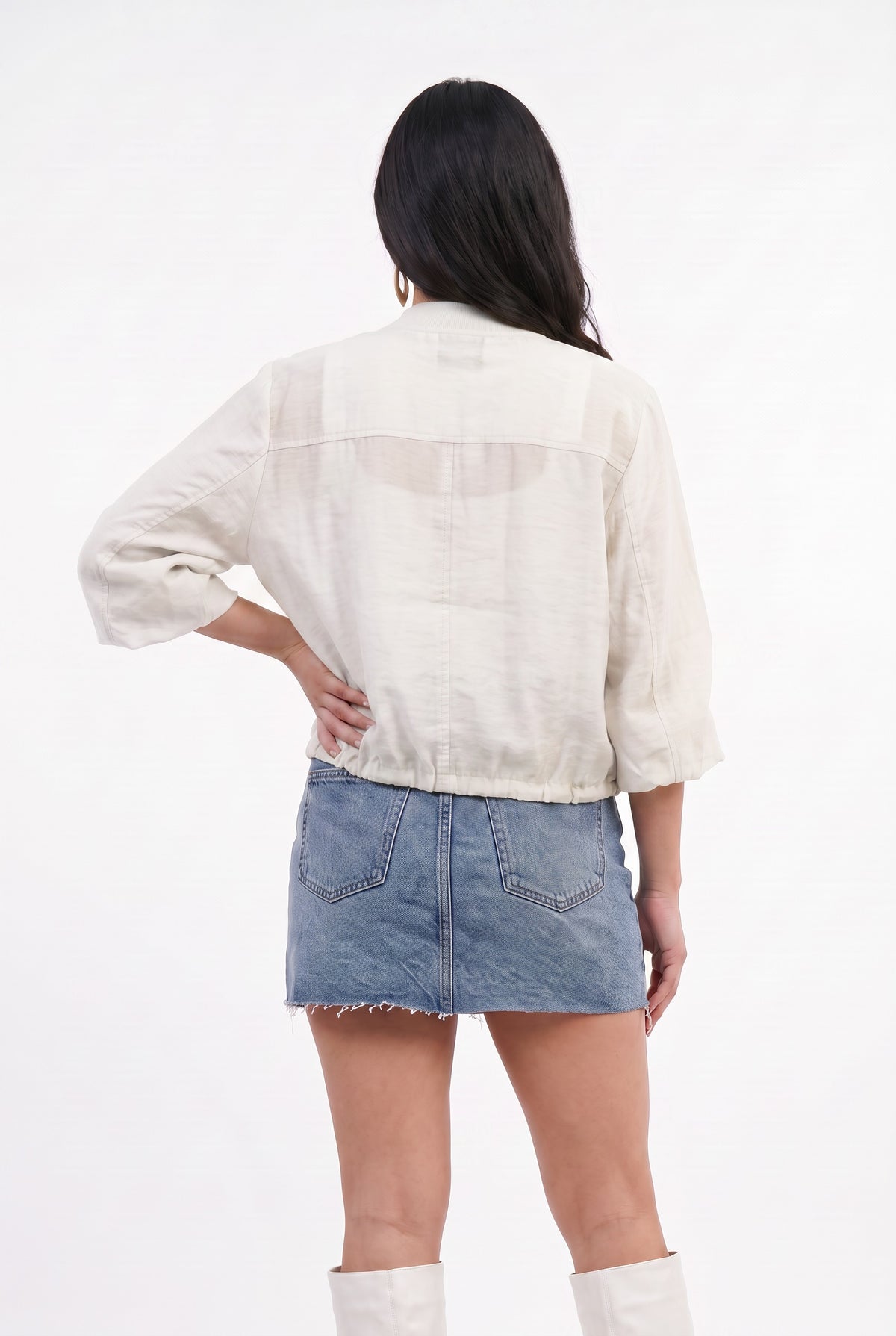 White Cropped Linen Bomber Jacket